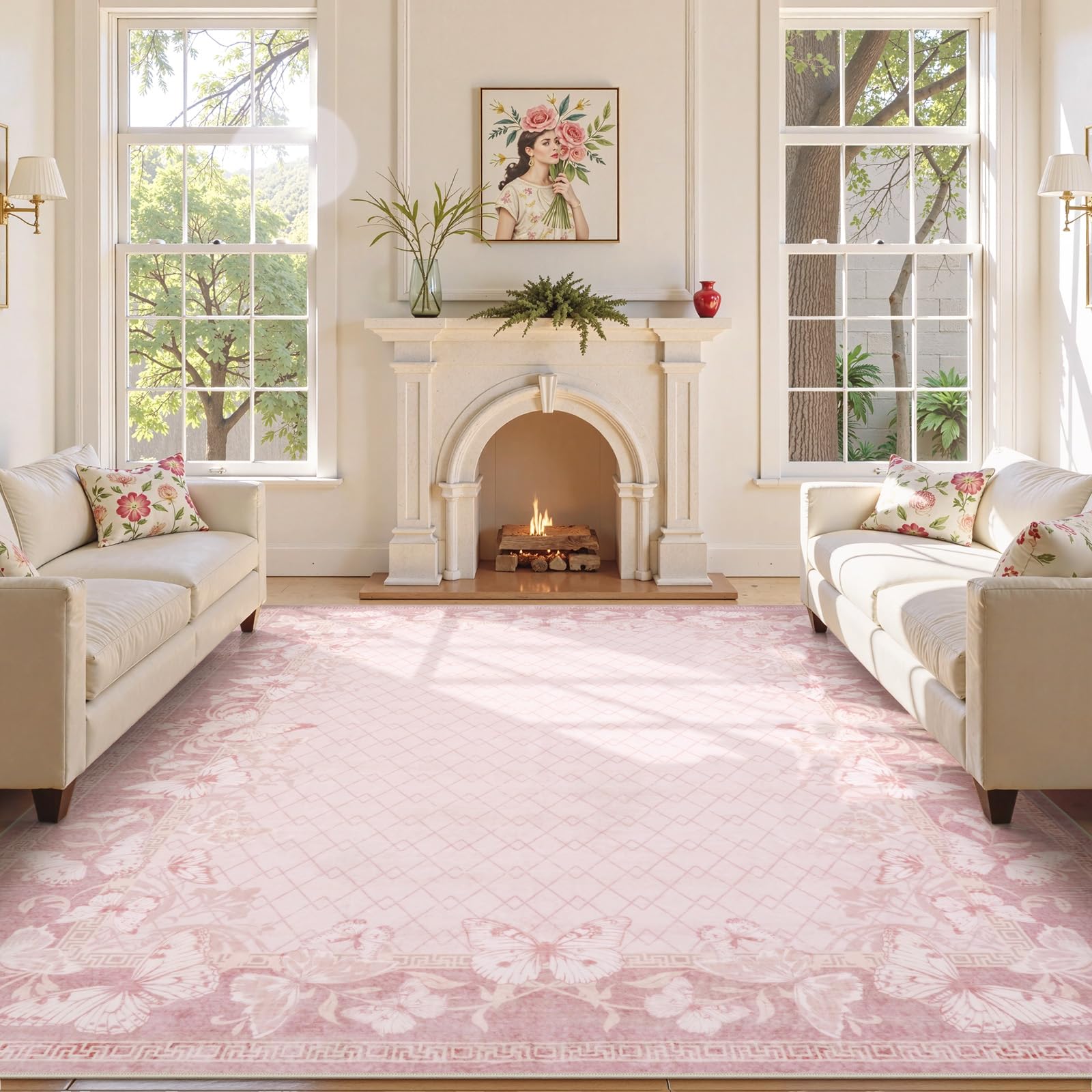 STARUIA Washable 8x10 Area Rugs for Living Room, Pink Rugs for Bedroom Girls, Non-Slip Soft Butterfly Rug Dining Room Non-Shedding Large Carpet for
