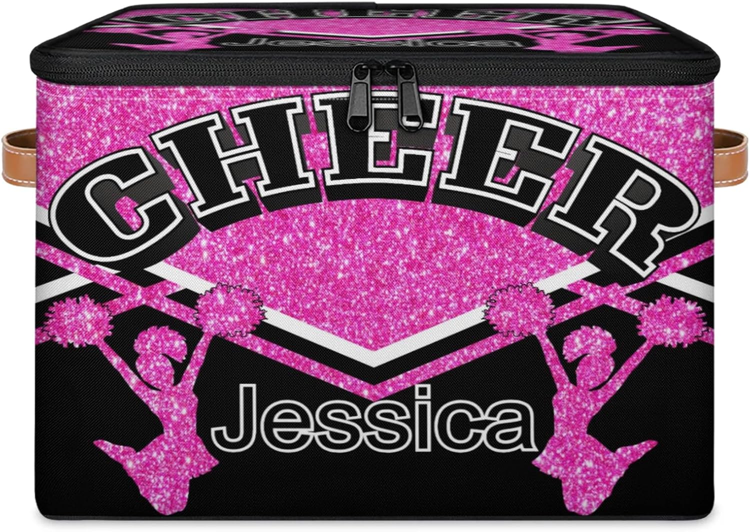Custom Rectangle Cheer Storage Basket with Lid Handles, Pink Glitter Personalized Name Organizer Bin for Cheerleading Pet Toys Books Clothes, Perfect for Rooms Playroom