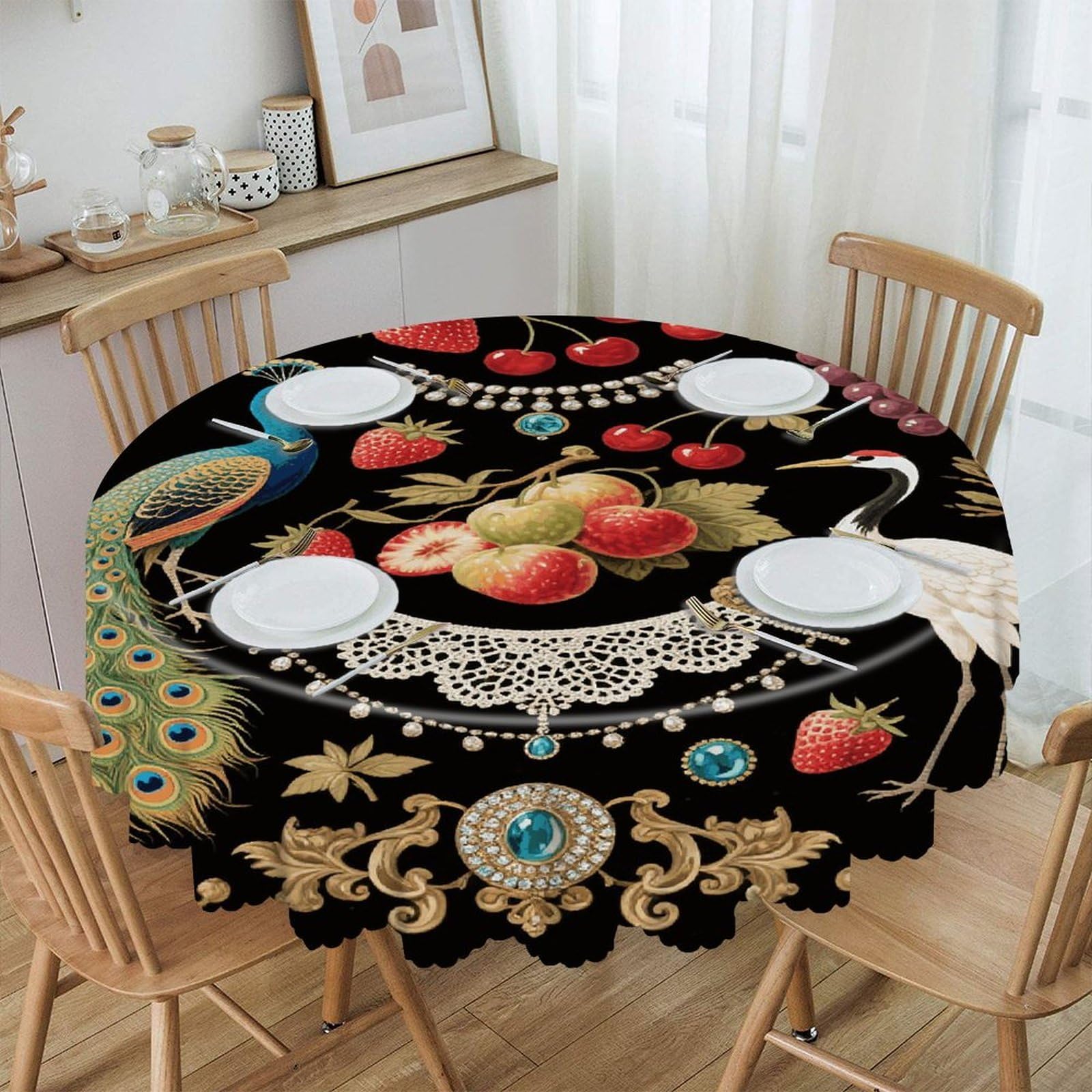 FekiLoot Vintage Fruit & Bird Print Round Tablecloths 60 Inch Resistant Washable Polyester Table Cloth Style Decorative Circle Fabric Table Cover for Dining Kitchen Party Farmhouse Outdoor