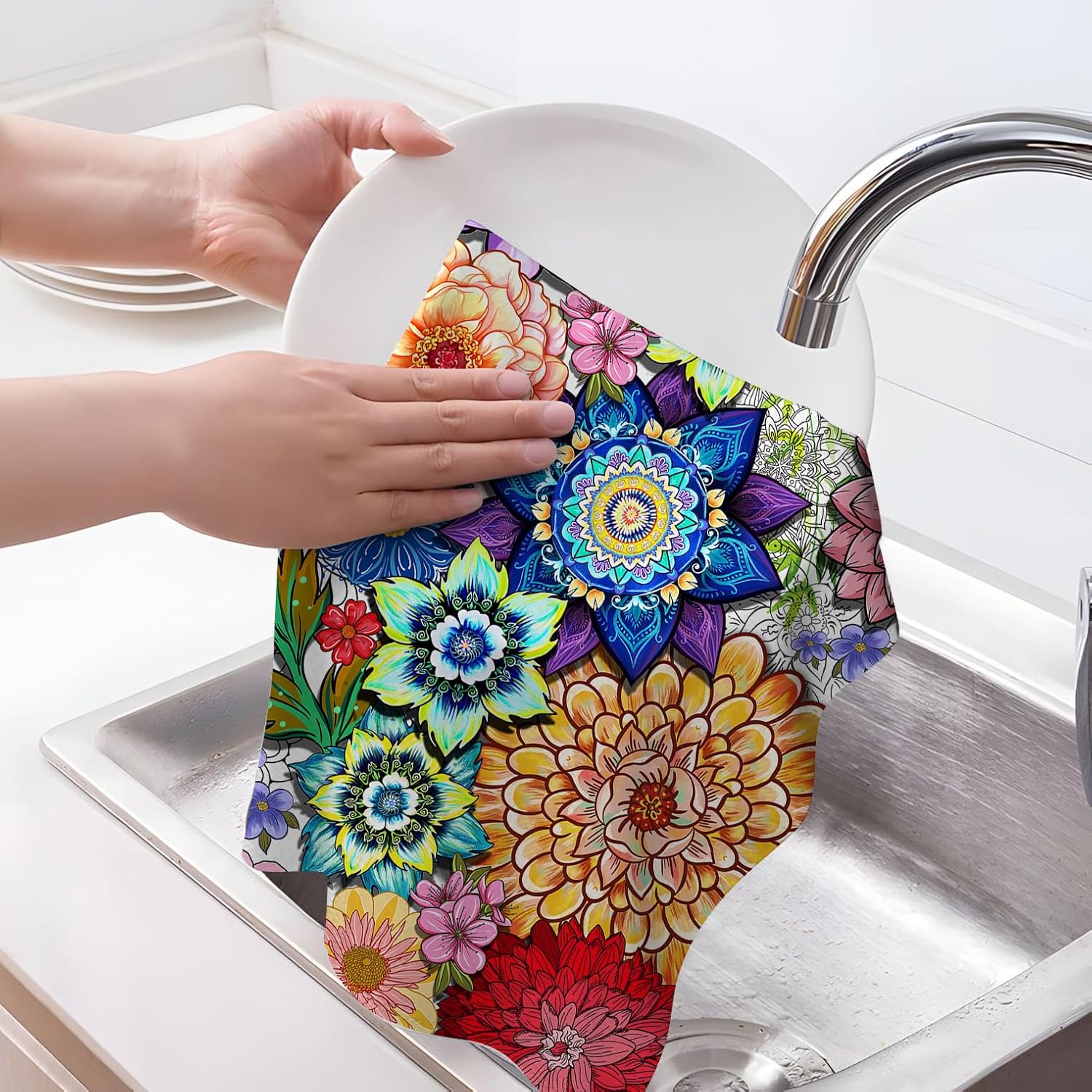 Boho Floral Kitchen Towel Set of 2 Colorful Flowers Decorative Tea Hand Towels for Kitchen Bar Farmhouse Holiday Bathroom Cooking Baking Decor Absorbent Dish Cloths, Housewarming Gifts for Women image 3
