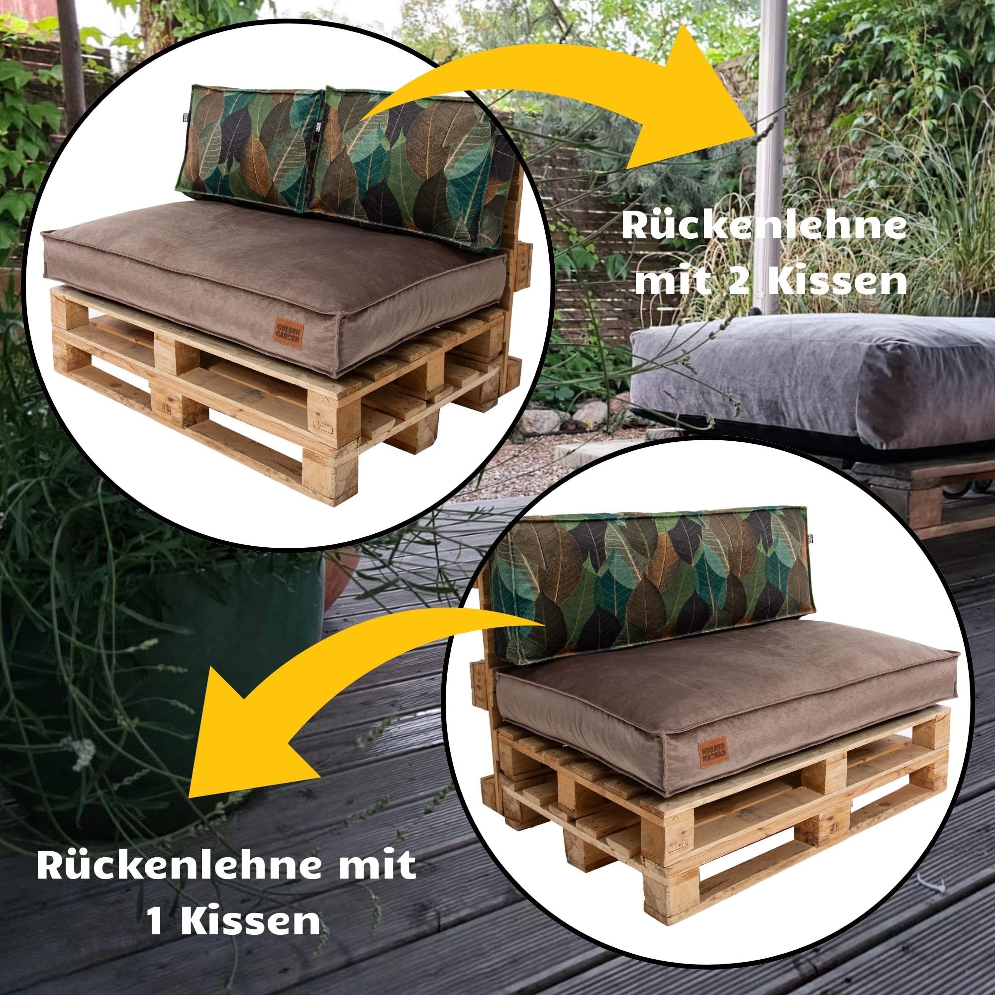 GoldenGroup Gartenset Kissen für Palettenmöbel Cappuccino & Blätter - Polsterstoff - Langlebiges und Wasserdichtes Material - Sitzkissen 120cm x 65cm x 15cm, Rückenkissen 120cm x 40cm x 10cm