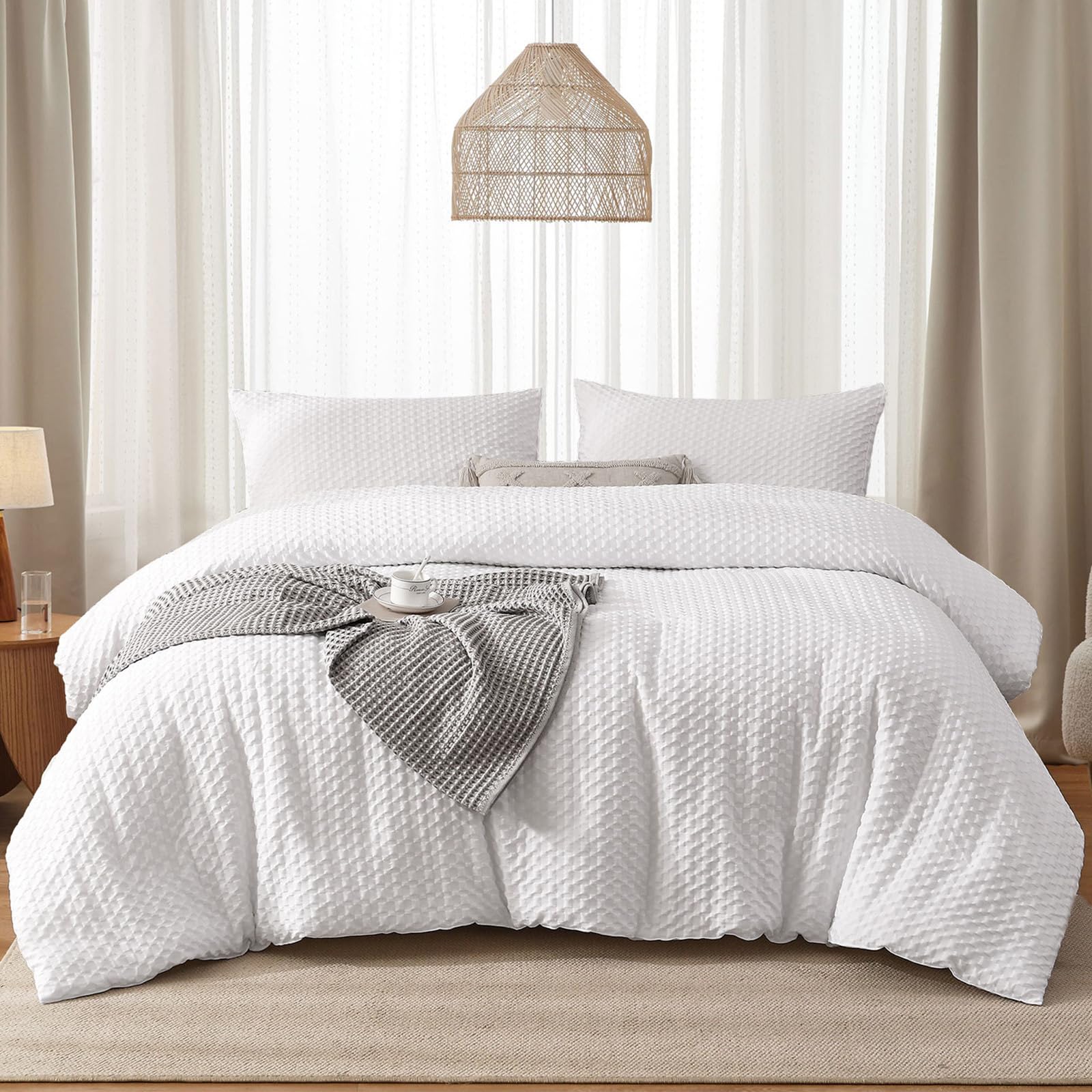 Waffle Seersucker Puckering Duvet Cover Set with 2 Pillowcases White Checkered Bedding Set with Zipper Closure,Soft Microfibre,Super King Size 220x260 cm