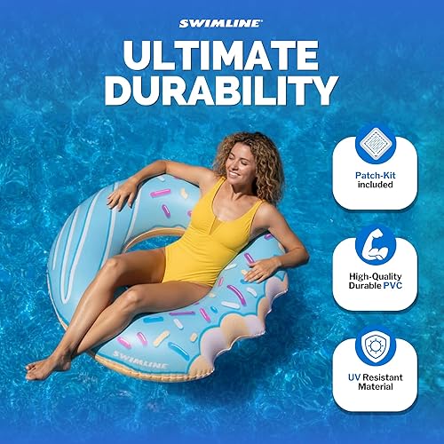 Miniatura 6 de Swimline Anillo de piscina con forma de dona azul, flotador inflable con diseño divertido para adultos y adolescentes, anillo de vinilo duradero