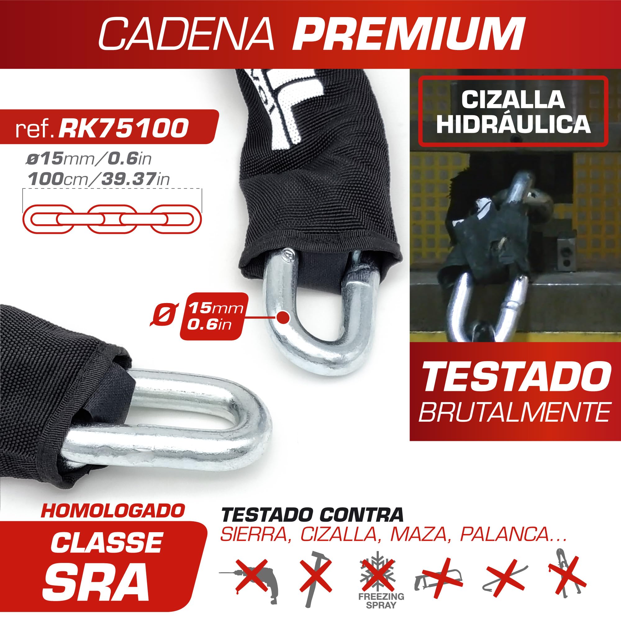 RADIKAL RK75100 Cadena Candado Antirrobo Pesado Premium ø15mm + Mini U, Alta Seguridad Homologada SRA, 100cm Completamente Testada +Visible, Antirobo Multifunción para Disco Freno, Anclaje, Parking