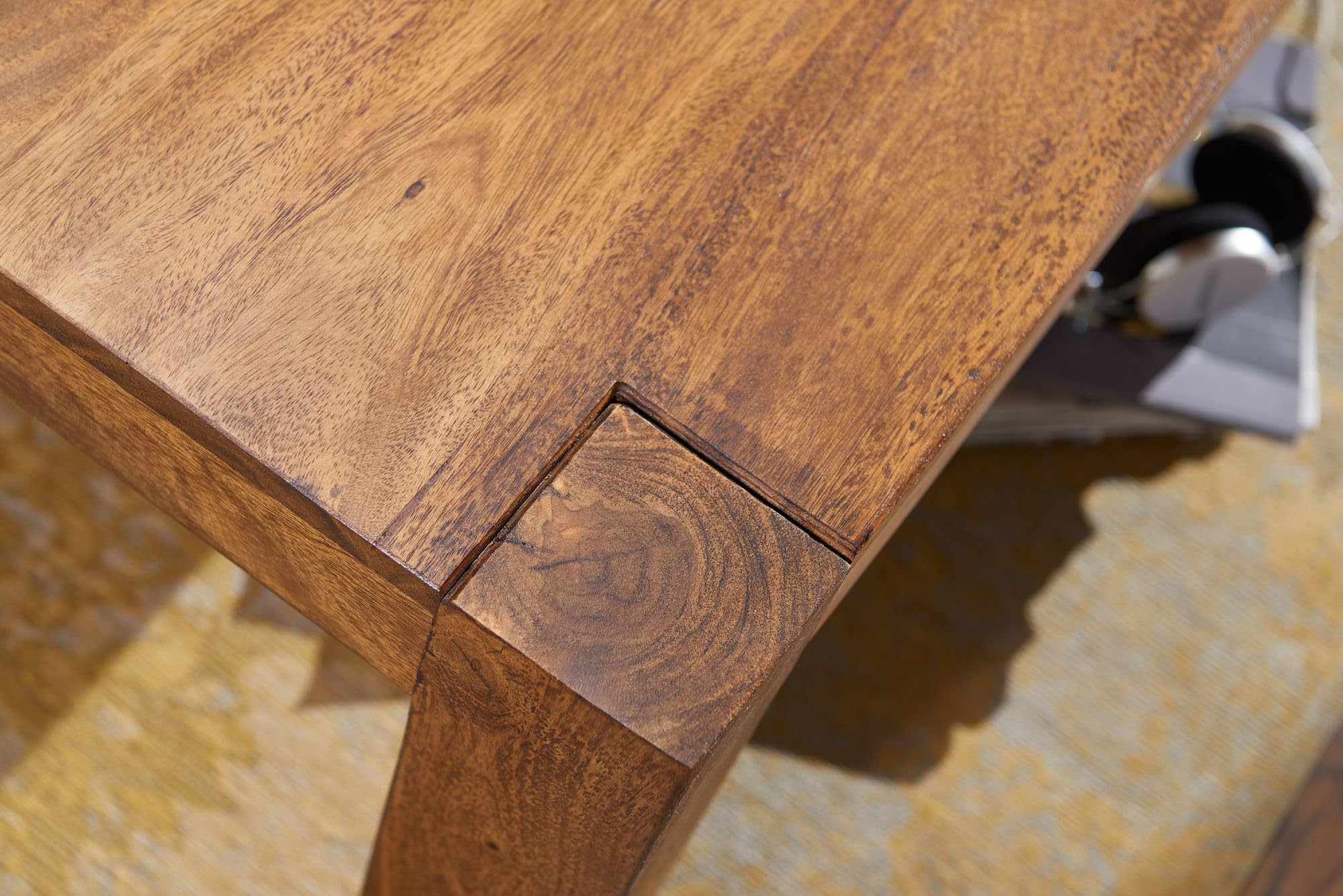 WOHNLING Mesa de Centro de Madera Maciza Sheesham 110cm Sala de Estar Amplia Mesa de Estilo rústico marrón Oscuro diseño de la Tabla