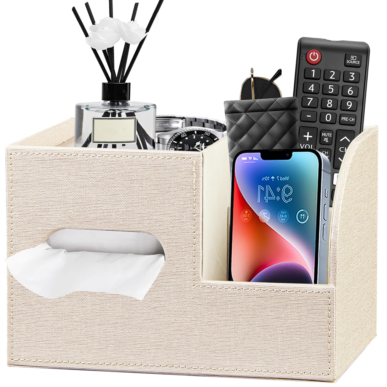 Leather Square Tissue Box Cover with Storage Tray Cube Tissue Box Holder Modern Facial Paper Organizer with Remote