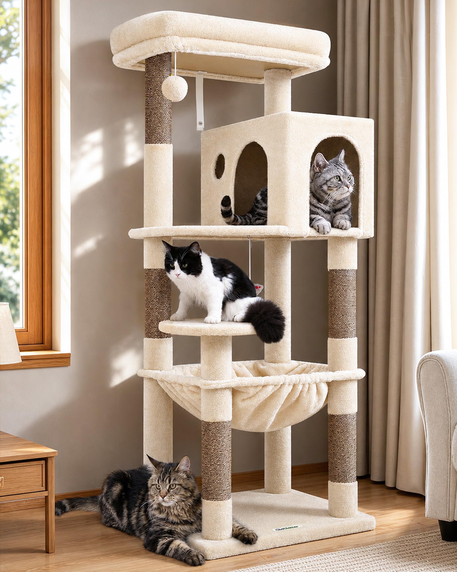 Globlazer Beige Tiragraffi per Gatti 137 cm con maxi Amaca 45 * 40cm, Grande Grotte, Piattaforma Imbottita, Facile da Montare Albero Tiragraffi per Gatti Riposare Giocare Grattarsi (F53, Beige)