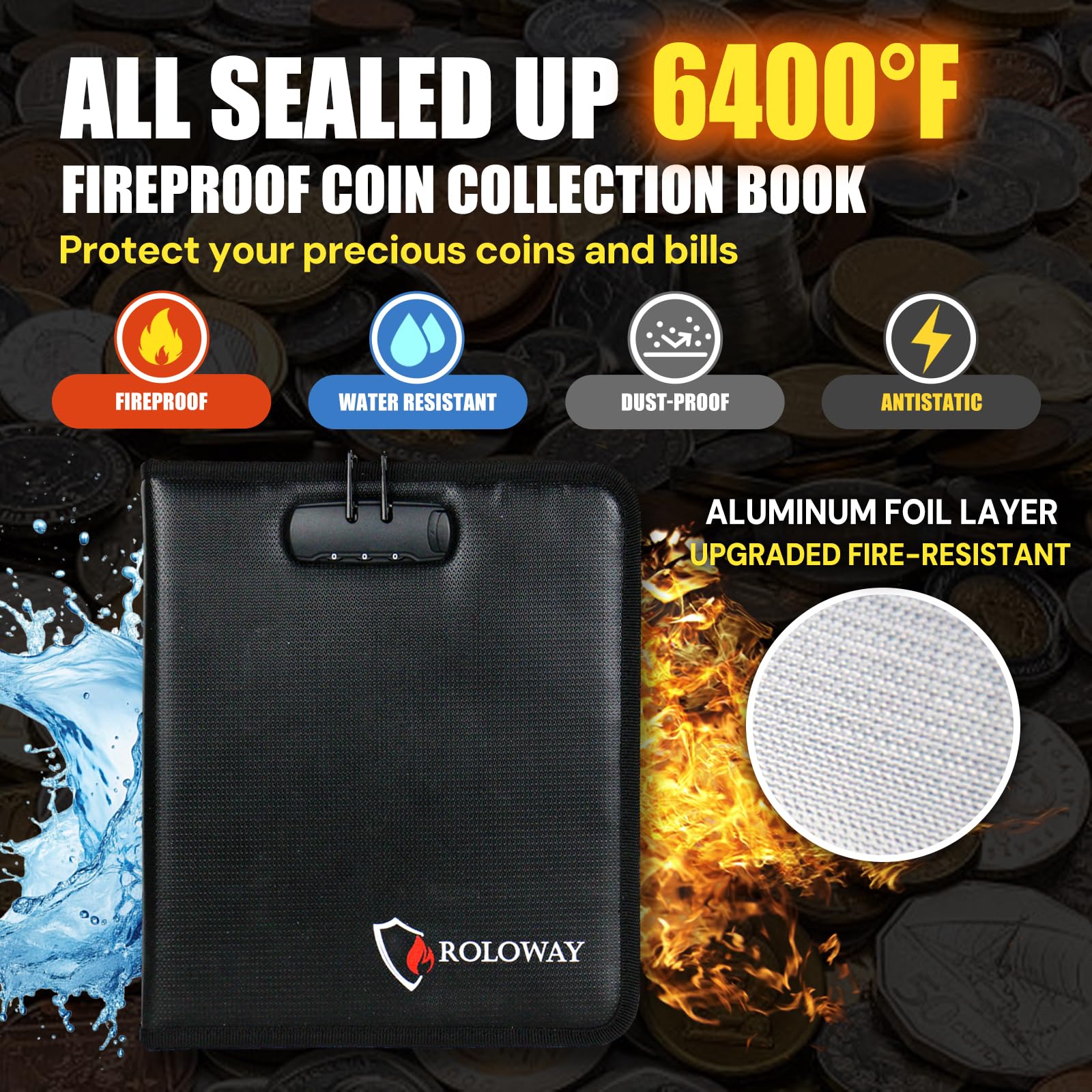 ROLOWAY Coin Collection Book 6400℉ Heat Insulated, 360 Pockets Fireproof Coin Book Holder and 36 Paper Currency Album with Aluminum Foil Layer, Money Saving Coin Collector Book with Lock (Black)