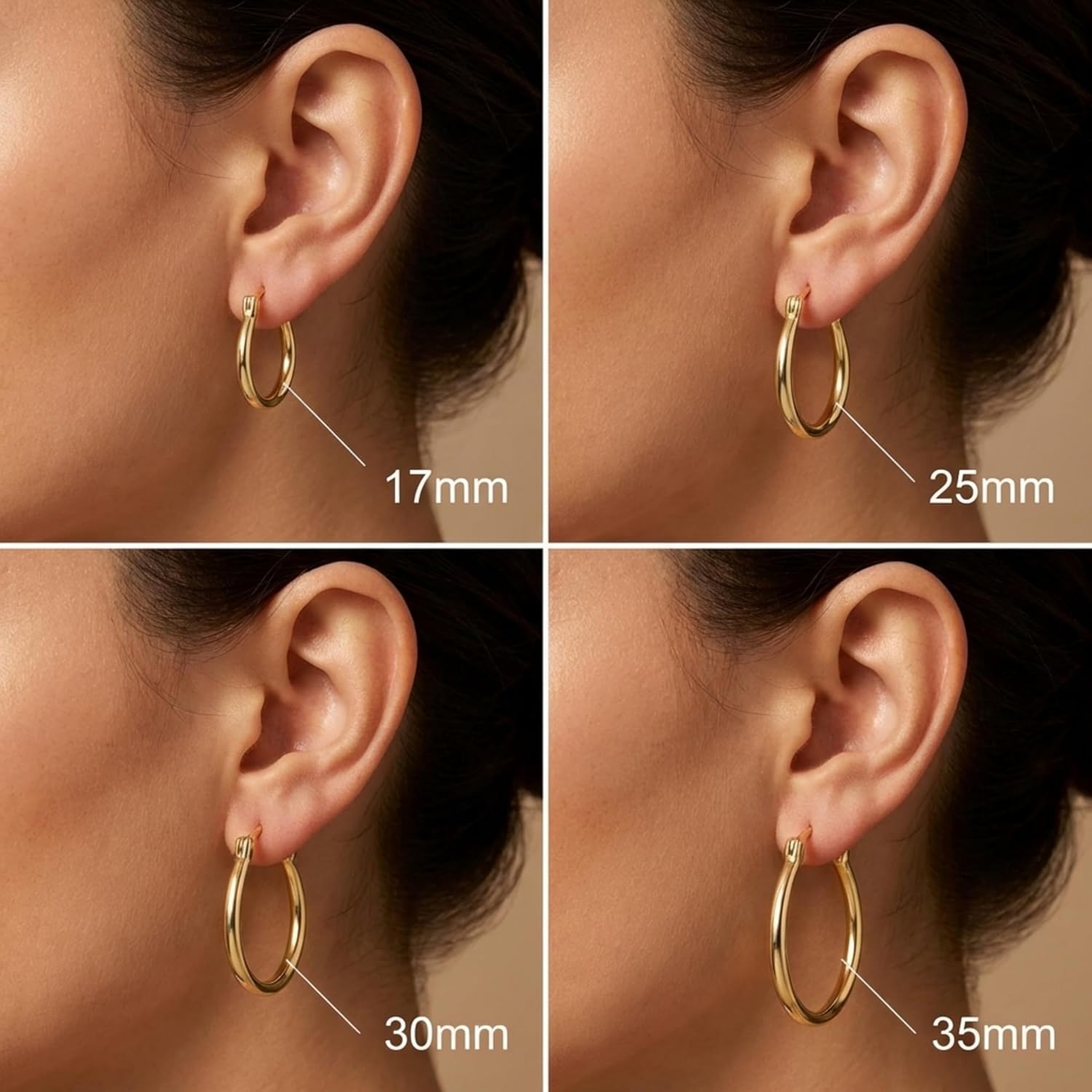14K Gold Hoop Earrings for Women Small Gold Earrings for Womens Hypoallergenic Lightweight Hoops U-Shaped Design in 17mm 25mm 30mm 35mm