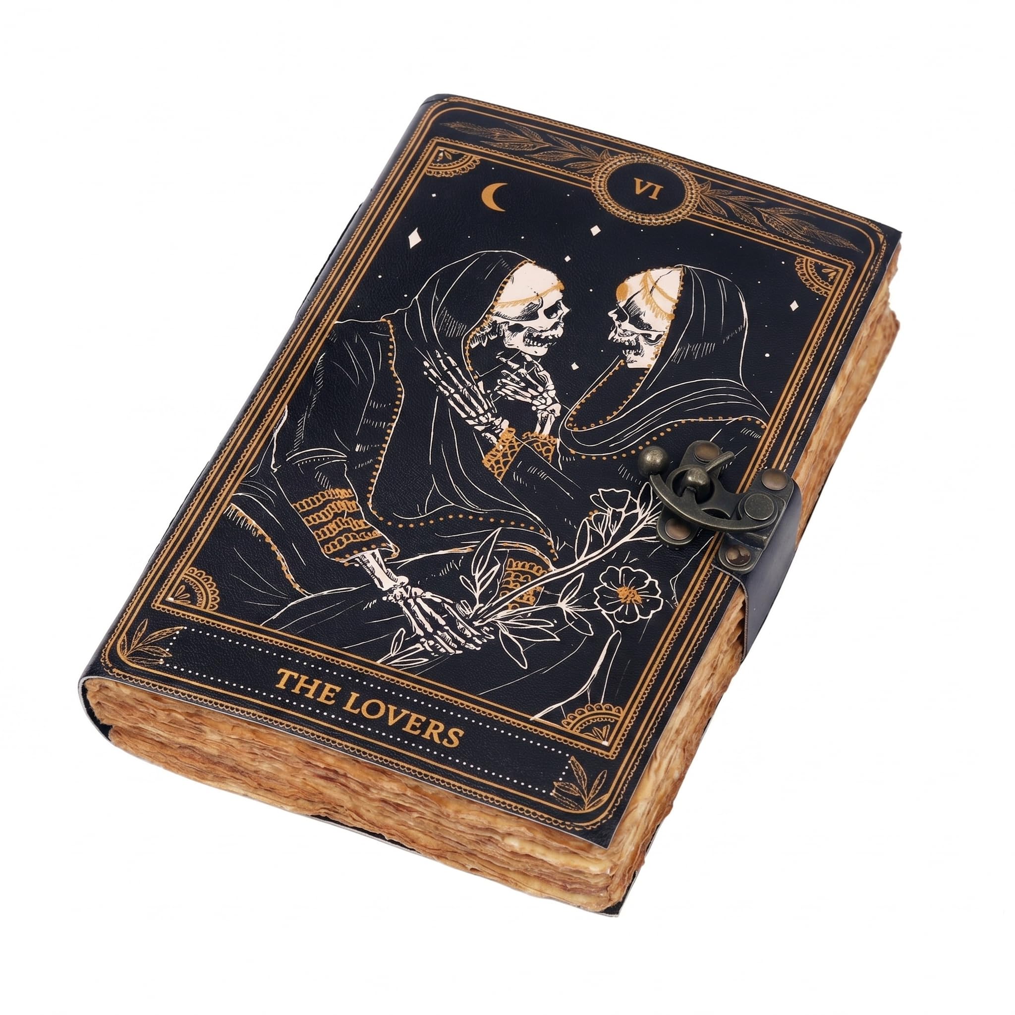 C CUERO Book of Spells Journal en cuir papier à bords frangés grimoire - Journal imprimé The Lovers Tarot - Carnet à spirales - Gothique - Amateur de crâne - Journal vintage en cuir pour homme et