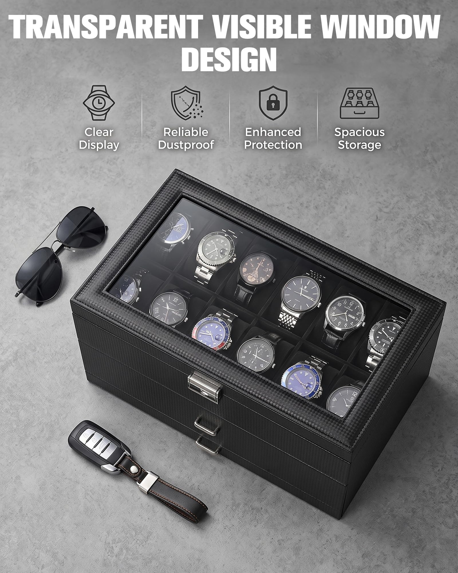 Lolalet Caja para Relojes con 24 Ranuras, 3 Niveles -Negro Puro