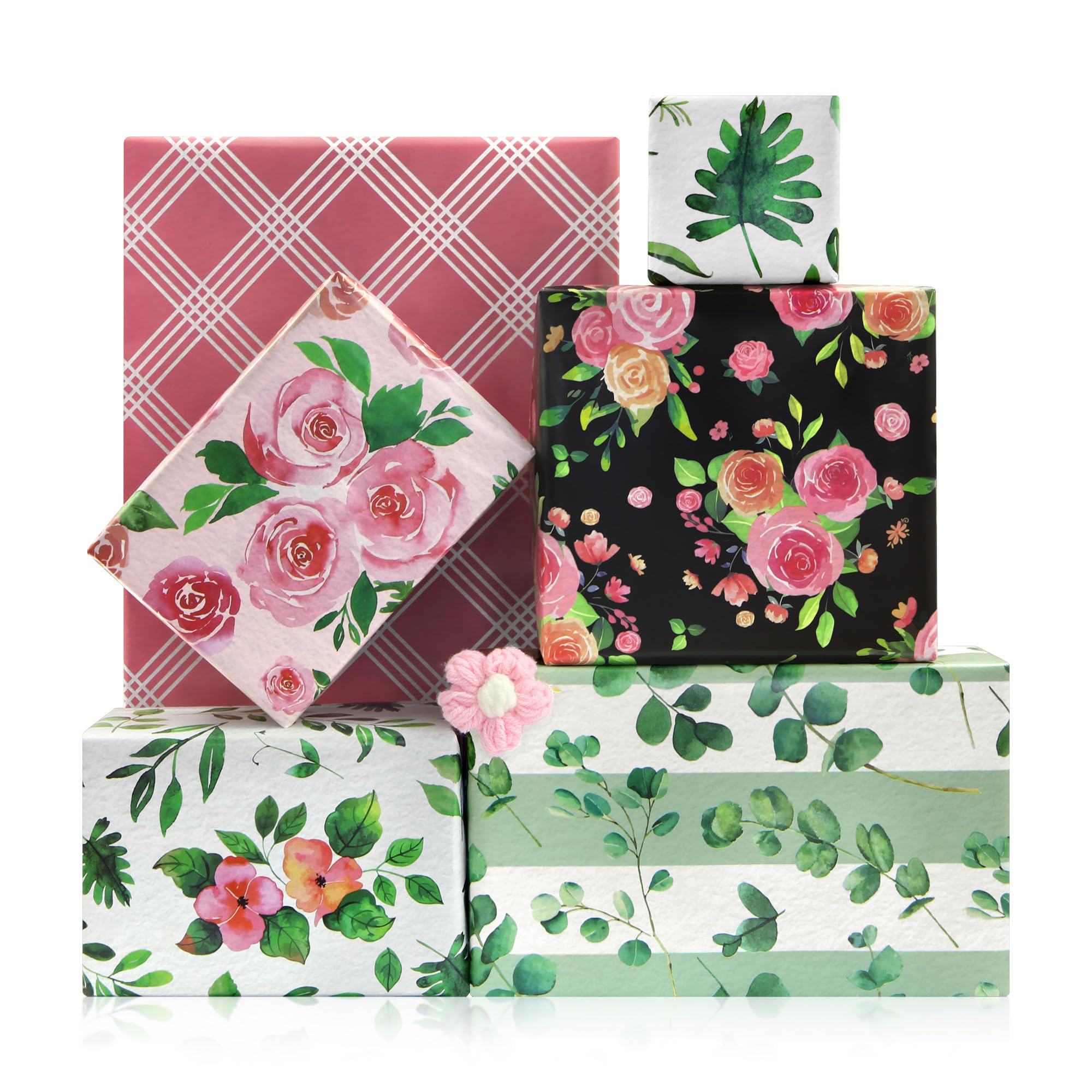 Rose Wrapping Paper for Girls Women,6 Sheets Assorted Pink Flower Red Grid Floral Eucalyptus Leaves Plant Gift Wrap Paper Art Paper Folded Flat for Birthday Bridal Shower Engagement Wedding Party