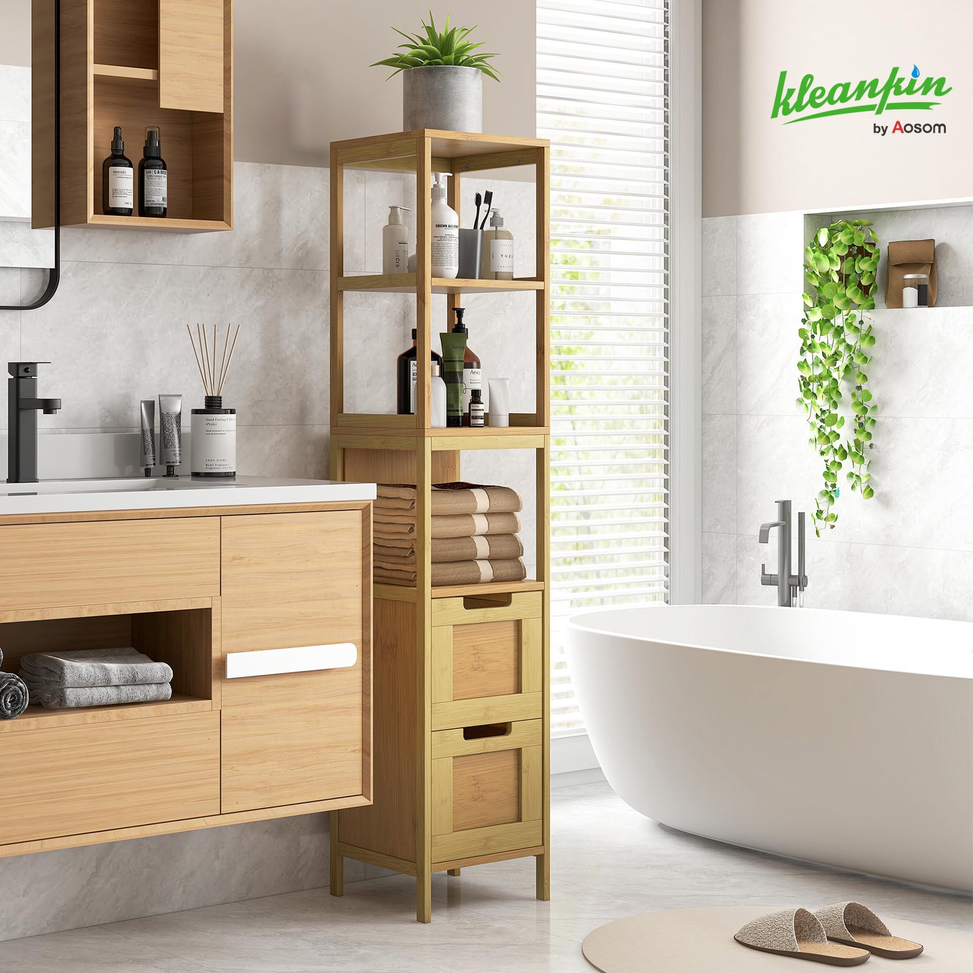 kleankin Armario de Baño Alto, Columna de Baño Estrecha con 3 Estantes y 2 Cajones de Bambú, Estilo Moderno, 30x30x144,3 cm, Natural