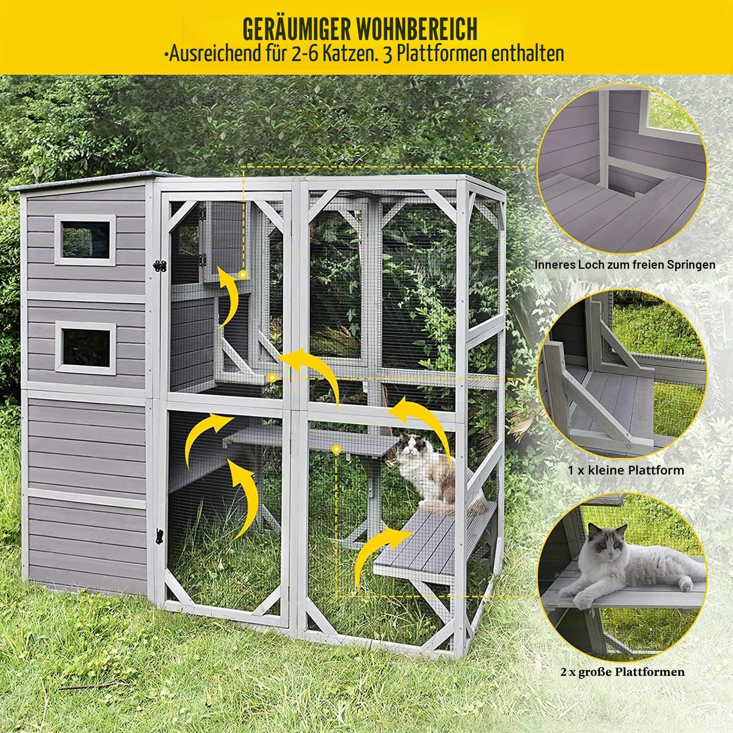 Akinerri Catio Katzenhaus für den Außenbereich, 4 Etagen, Katzengehege, 177,8 cm hoch, 195,6 cm lang, großer Katzenkäfig für drinnen und draußen, wetterfestes Dach, 3 Ruheräume, 3 Plattformen, 5