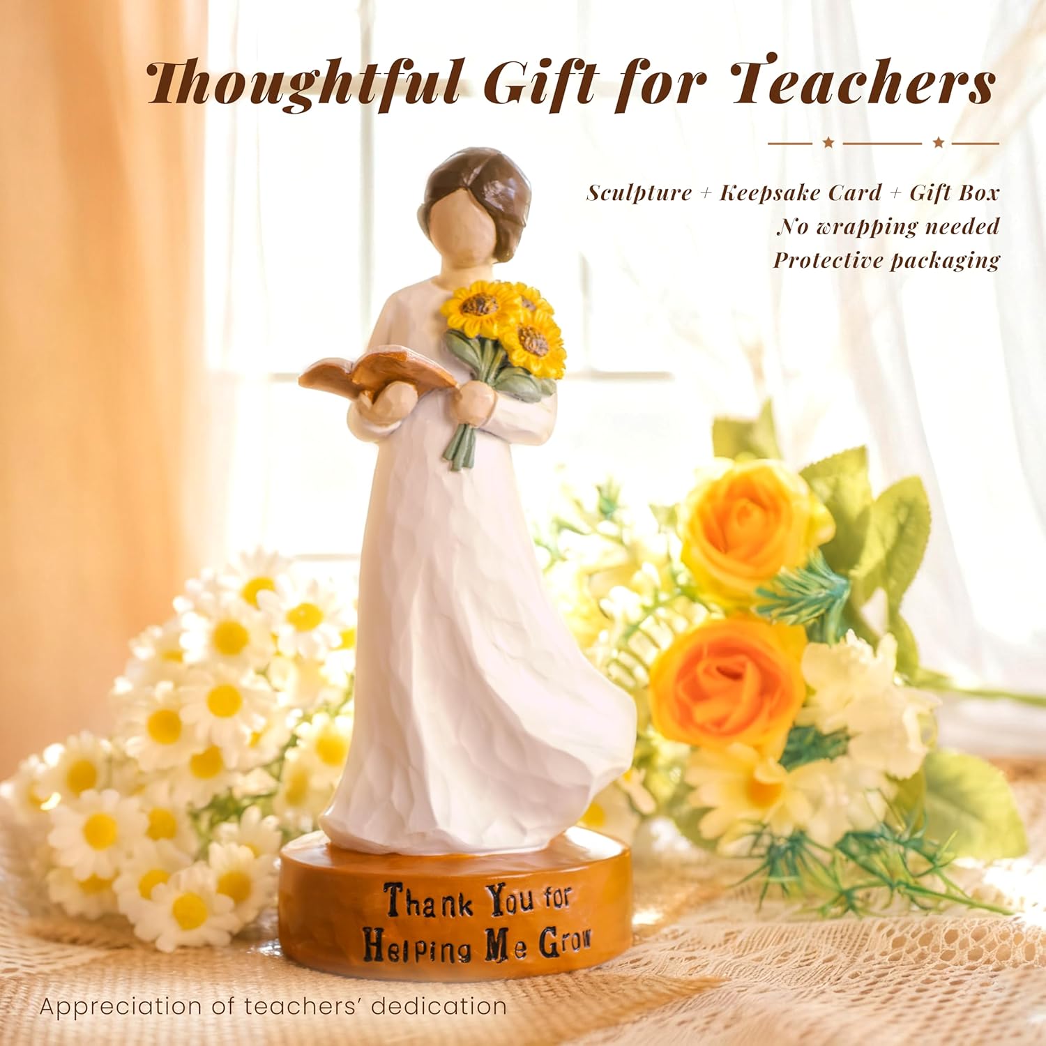 Teacher Figurine Resin Sculpture for Desk or Shelf Classroom and Office Decorative Keepsake,Standing Teacher with Book and Flowers