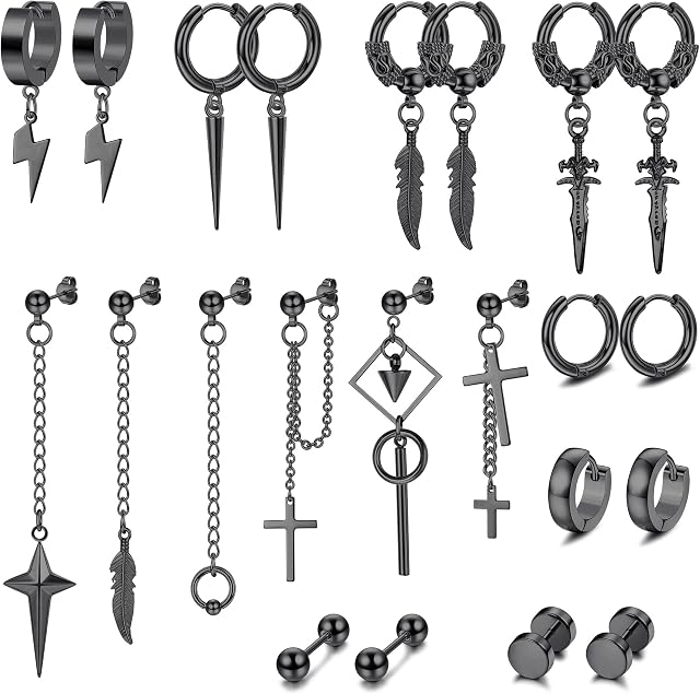Men Black Stud Earrings Dochais 22 PCS Gothic Punk Cross Dangle Earrings Set Chain Feather Star Hoop Earrings Kpop Earrings Stud for Cool Men Women Jewelry Piercing