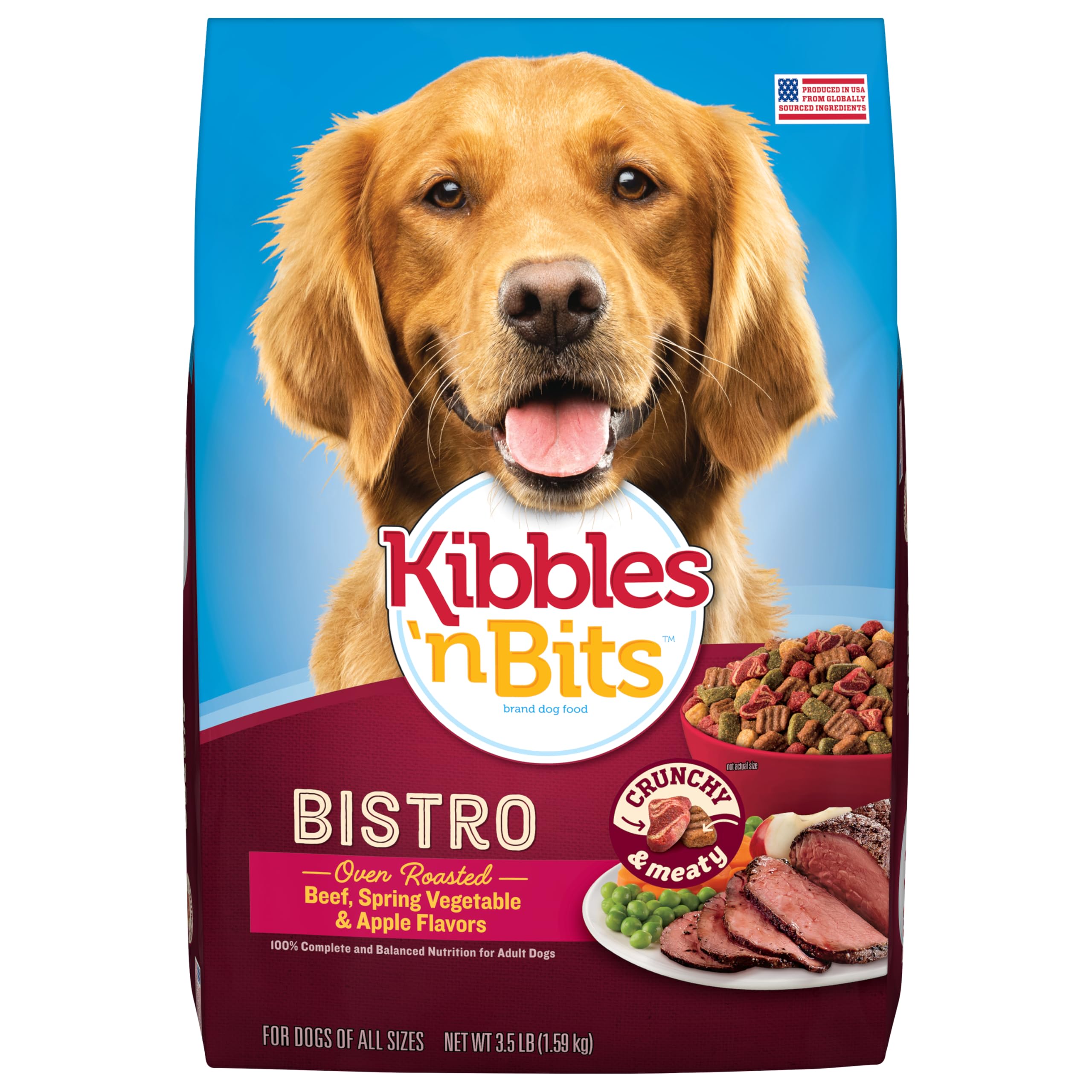 Kibbles 'n Bits Bistro Dry Dog Food, Oven Roasted Beef, Spring Vegetable & Apple Flavors for Adult Dogs, 3.5 lb. Bag, 4 Count