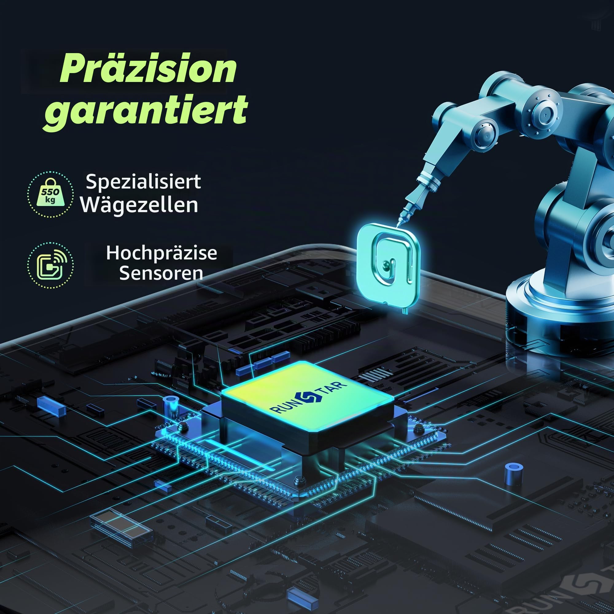 RunStar Digitale Personenwaage, Tragkraft bis 250 kg, 8 mm Sicherheitsglas, hochpräzise Sensoren, mit extragroßer Trittfläche und großem LCD-Display, Step-on-Technologie, Blau-Schwarz