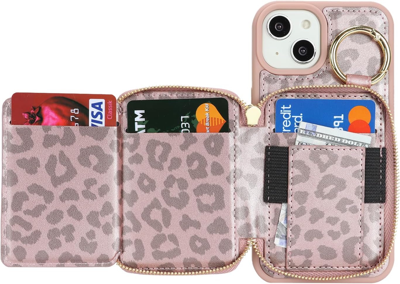 for iPhone 13 Case Wallet with Card Holder,for iPhone 13 Phone case Wallet with Zipper with Slot Kickstand Stand Case for Women and Man 5G 6.1 Inch-Rose Gold Leopard - Image 5