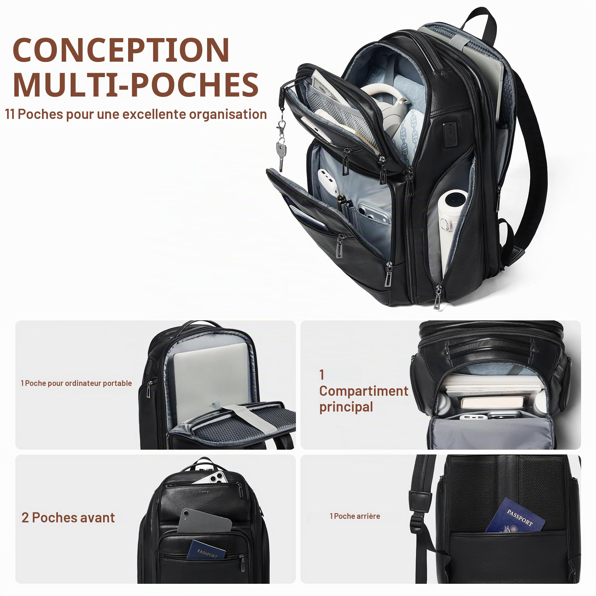 Sac à Dos en Cuir Végan Homme et Femme, 40L Extensible, Bagage Cabine pour Ordinateur 17 Pouces avec Port USB et Sangle Valise, Design Élégant, Black