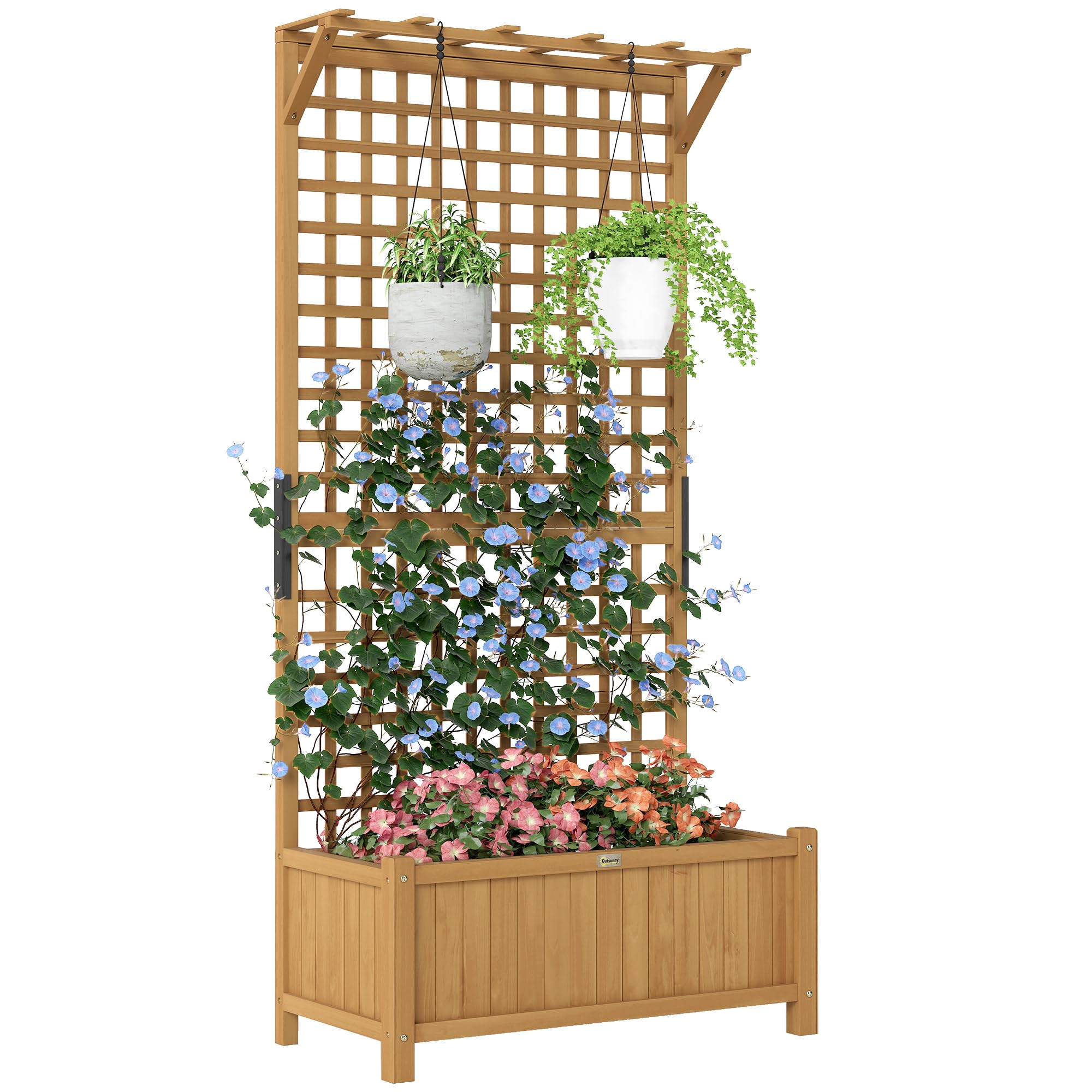Outsunny Wood Planter with Trellis for Climbing Plants, Raised Bed, Planter Box with Drainage Holes to Grow Vegetables, Herbs and Flowers for Garden, Patio, Yard, Yellow