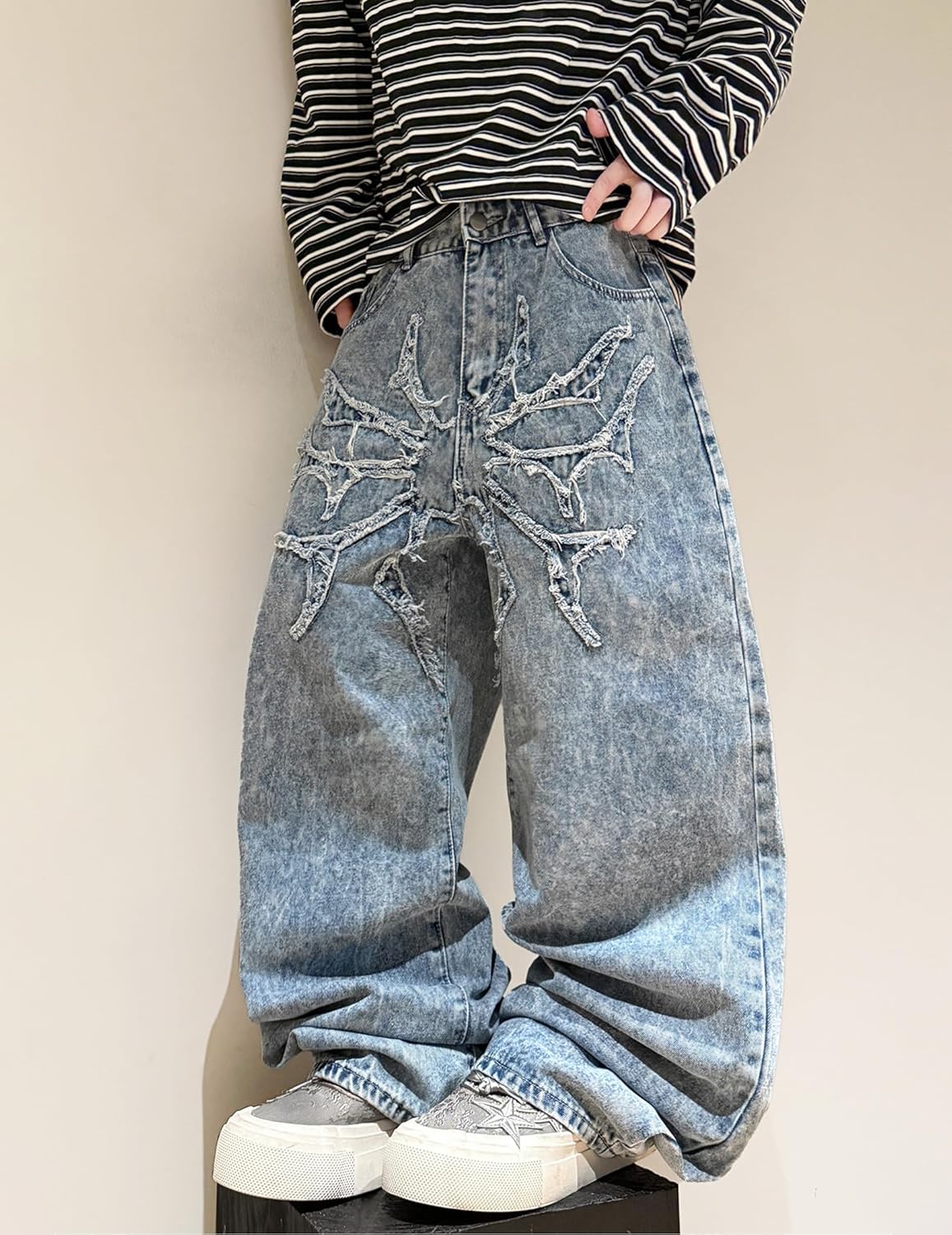 Mens Baggy Jeans Spider Web Patch Wide Leg Jeans Hip Hop Denim Pants Loose Fit Skater Jean Trousers - Image 5