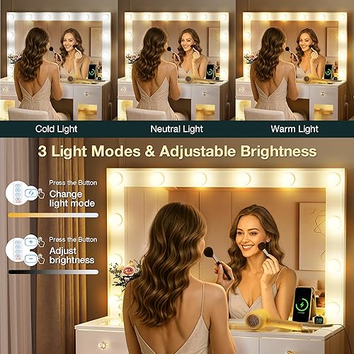 Miniatura 7 de Escritorio de tocador con pomos de cristal con espejo y luces, 12 bombillas LED, tocador de maquillaje con parte superior de cristal con 3 cajones y