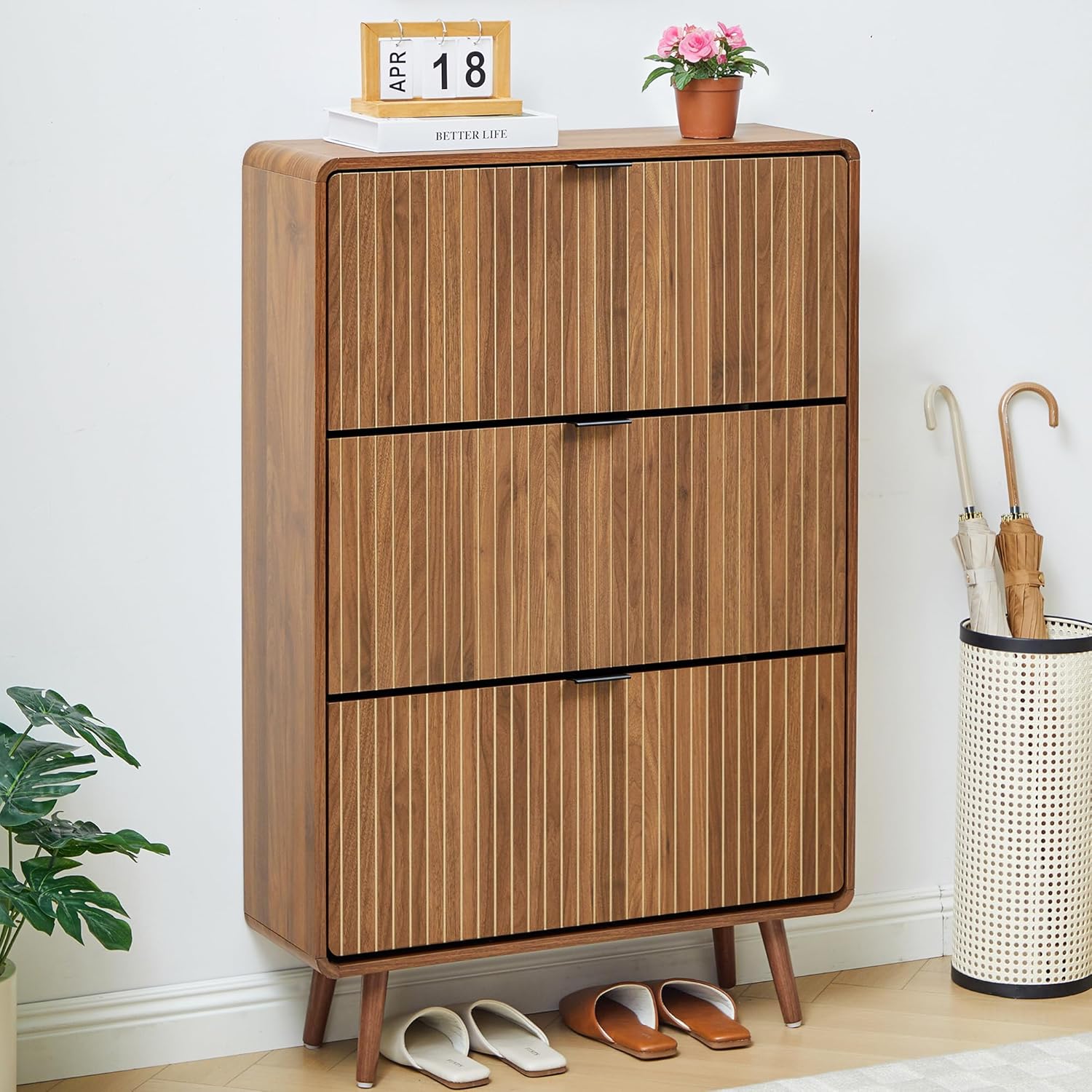 FurSch Fluted 47 Inch Tall Shoe Cabinet with 3 Flip Drawers, Narrow Hidden Shoe Storage Organizer Rack for Entryway Hallway (All Walnut)