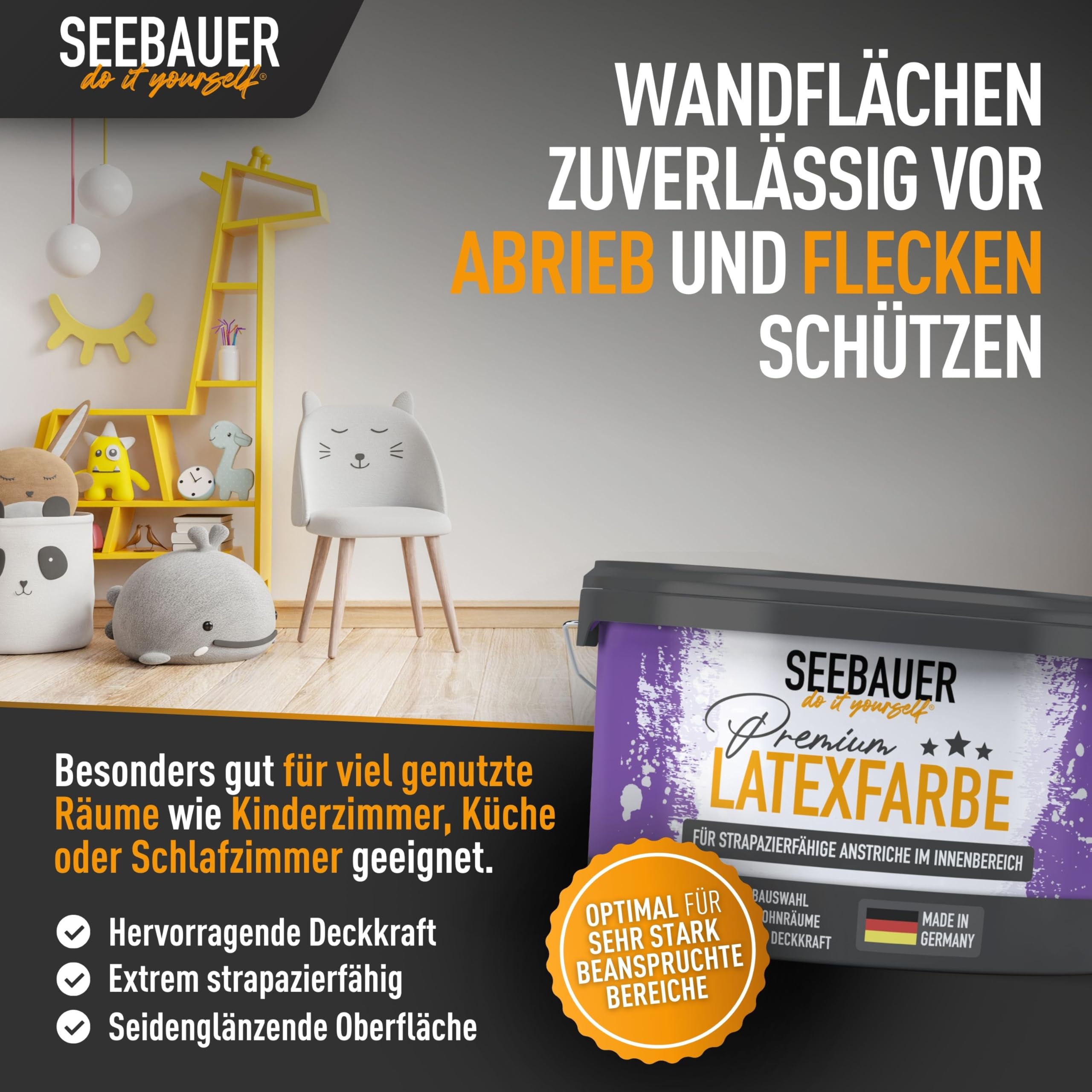 Latexfarbe Schwarz für Innen 5L (No. 100 Black Pearl) - Seidenmatte Innenfarbe für Putz, Beton & Mauerwerk - Abwaschbare Wandfarbe für Küche & Bad