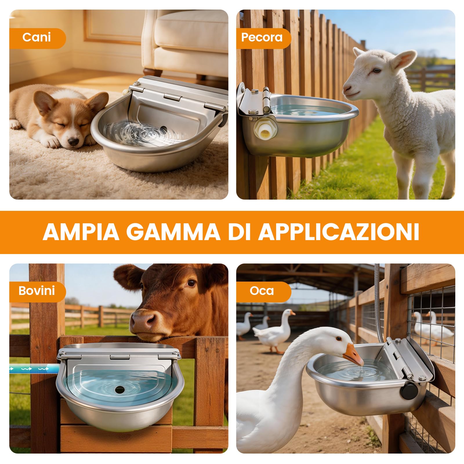 Abbeveratoio Automatico per Cani con Valvola a Galleggiante Regolabile a 2 Pezzi, Ciotola per Bestiame in Acciaio Inox con Tappo di Scarico per Bovini, Maiali, Pecore e Cani