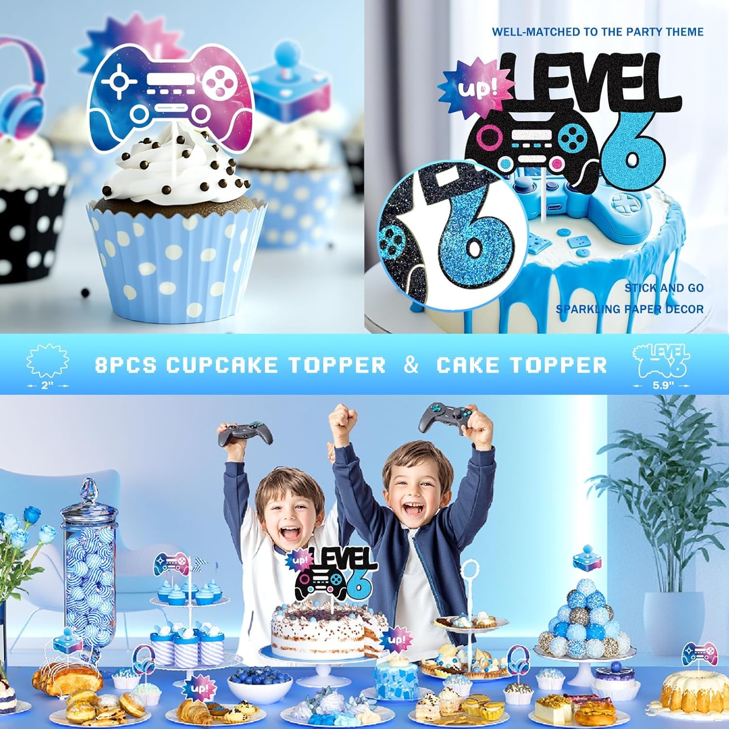 Costova Video Game 6th Birthday Decorations - 102 PCs Game 6th Birthday Party Supplies with Backdrop, Tablecloth, Banner, Balloon Garland, Cake Topper, Number 6 Foil Balloon, Cupcake Toppers