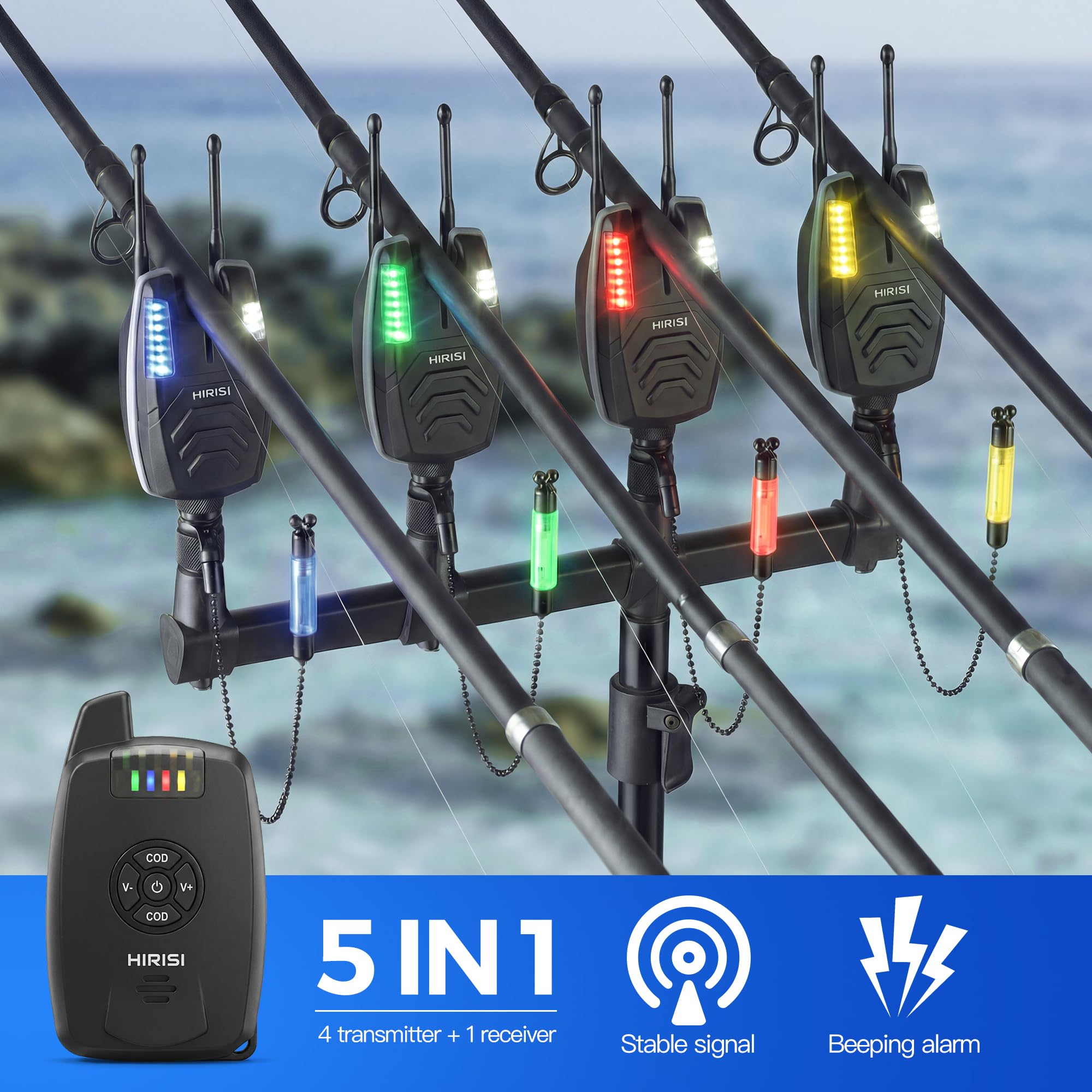 Hirisi Tackle Juego de alarma inalámbrica para pesca de carpa, 4 alarmas y 1 receptor, totalmente funcional, alarma de mordida con radio