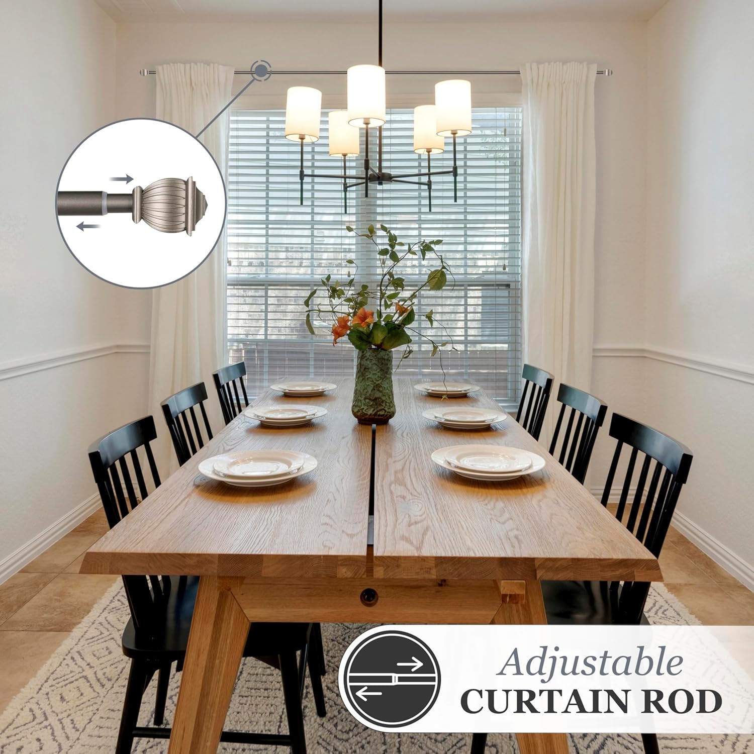Kenney KN71674 Beckett Soft Square End Standard Decorative Window Curtain Rod, 48-86" Adjustable Length, Pewter Finish, 5/8" Diameter Steel Tube, 48"L x 86"W, 1-Pack
