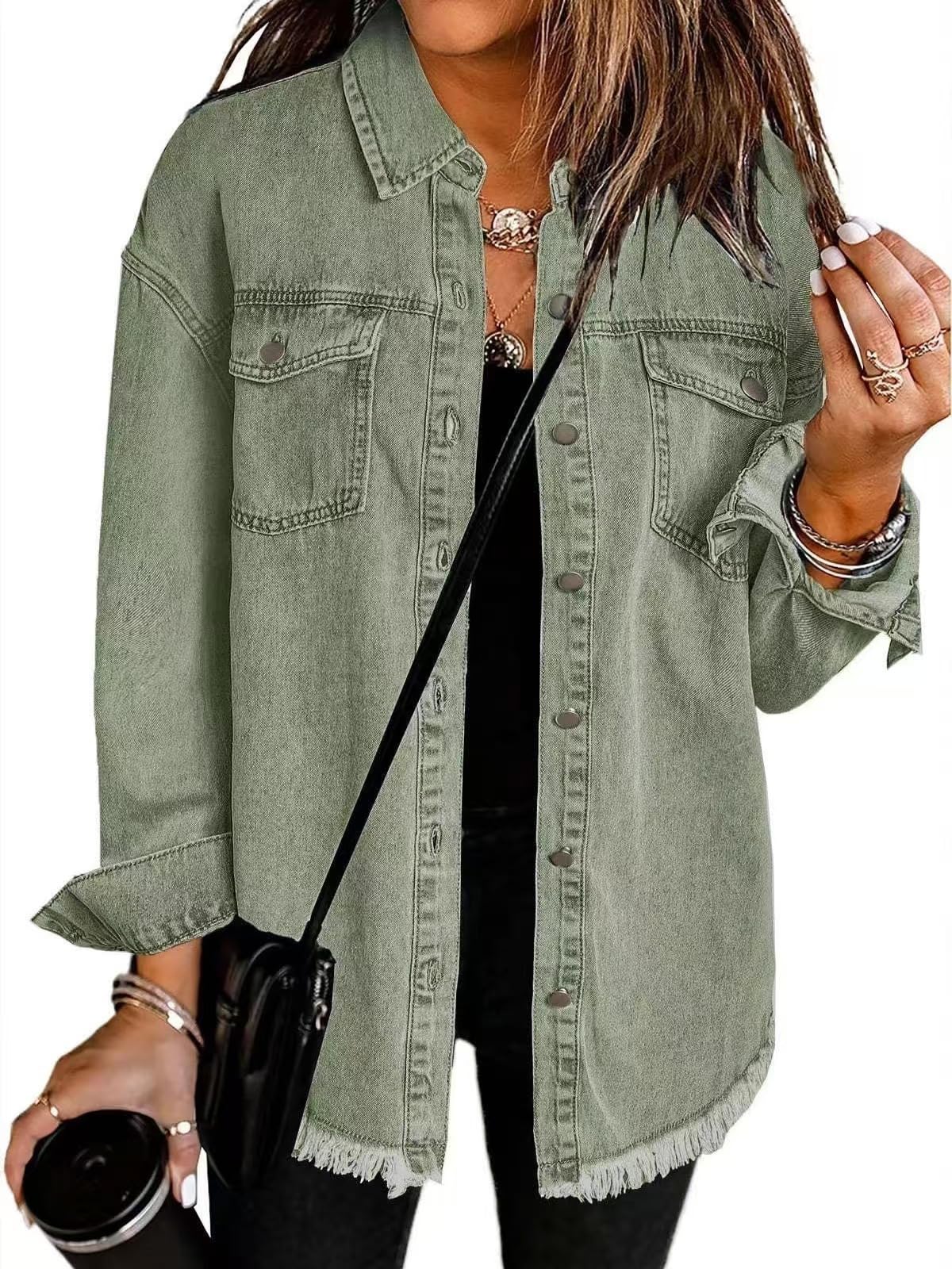 Casual Denim Button Down Distressed Jacket, Washed Denim Shirt Jacket for Women, Boyfriend Frayed Hem Shacket