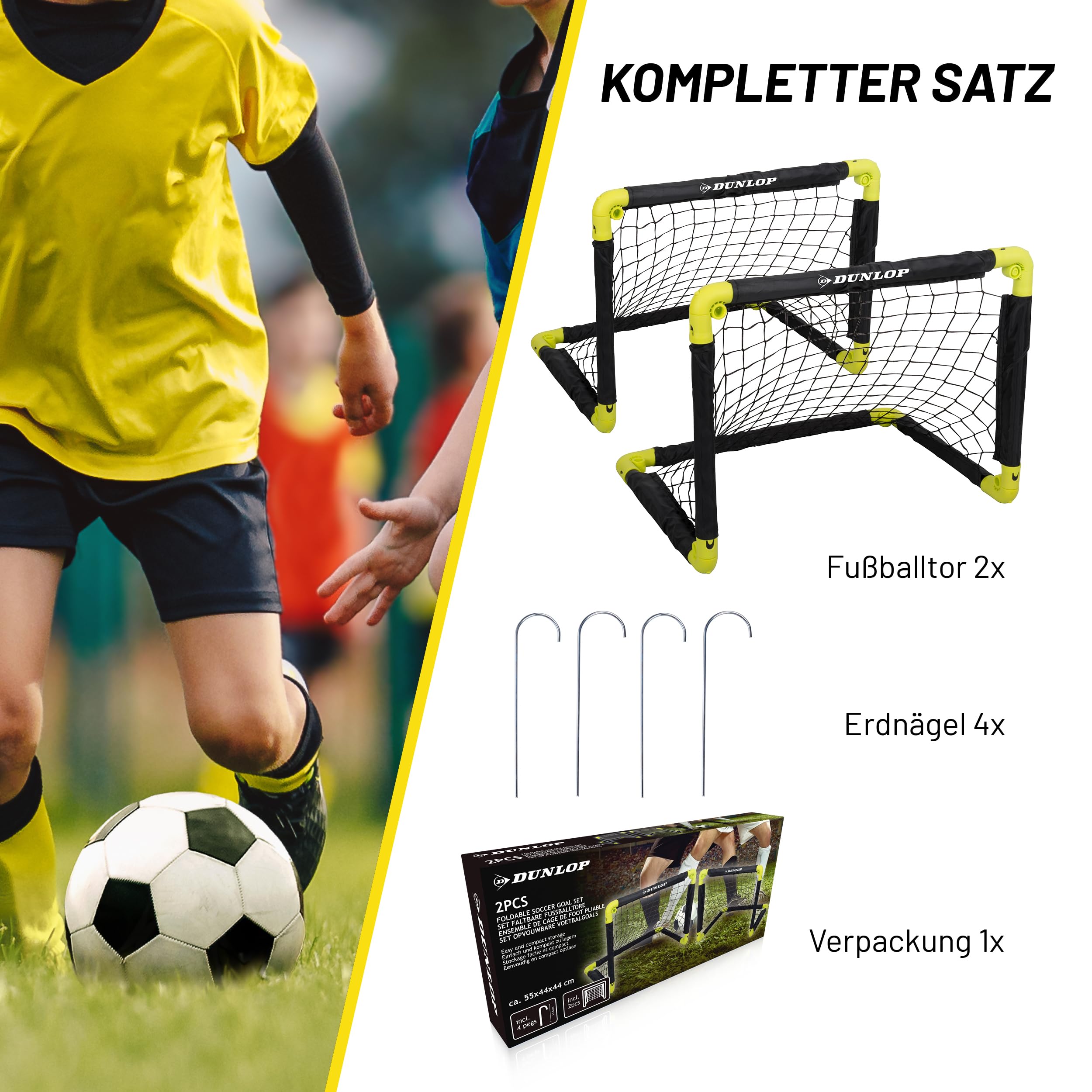 Dunlop Fußballtor 50 x 44 x 44 cm - Fußballtore Set von 2 - Faltbares Fussballtor - Fussballtore für Garten Kinder - Fussball Trainingszubehör für Innen und Außen - Kunststoff - Schwarz/Gelb