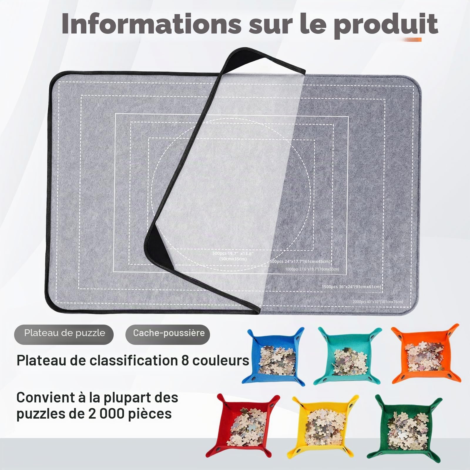 Table de puzzle 2000 pièces avec couvercle, planche de puzzle pliable, accessoires de puzzle 105 x 80 cm, planche de puzzle en feutre super léger avec 8 compartiments de tri et 1 couverture, plaque de