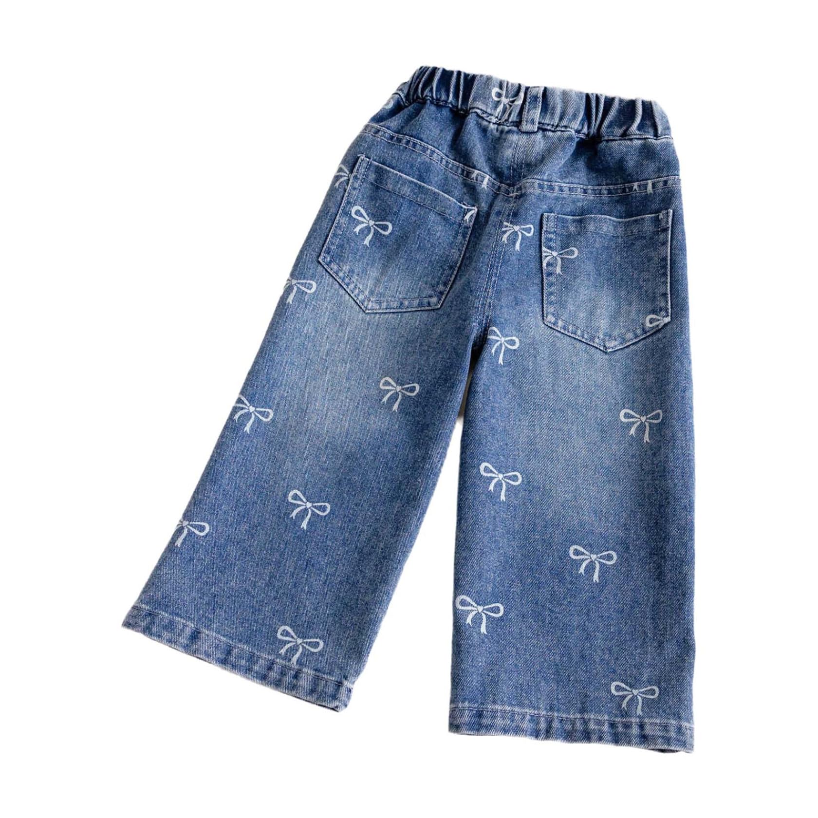 Kinder Baby Mädchen Jeanshose Weite Gerade Süße Schleifenprint Denim Hose Mit elastischer Taille Und Taschen