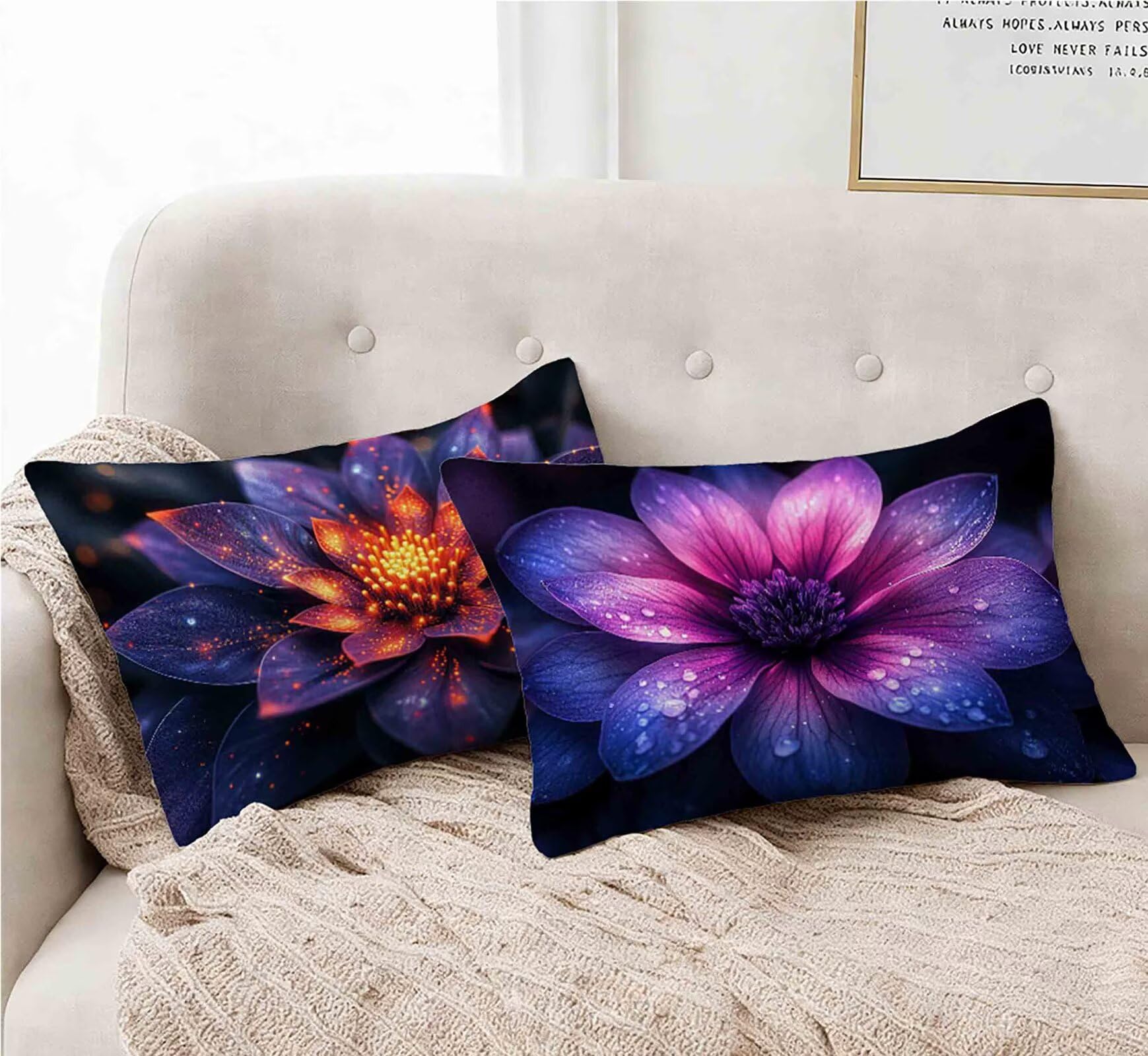 Kissenbezug 50x70cm 2er Set, Kissenbezug Lila Kopfkissen Lotus Muster Design Kopfkissenbezug Wasserdicht Leinen Pillow Case Herbstdeko mit Verstecktem Reißverschluss für Deko Wohnzimmer -lsy25012QO