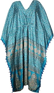 Mogul Interior Womens Blue Maxi Caftan Kimono Sleeves Printed V-Neck Boho Beach Kaftan 3XL