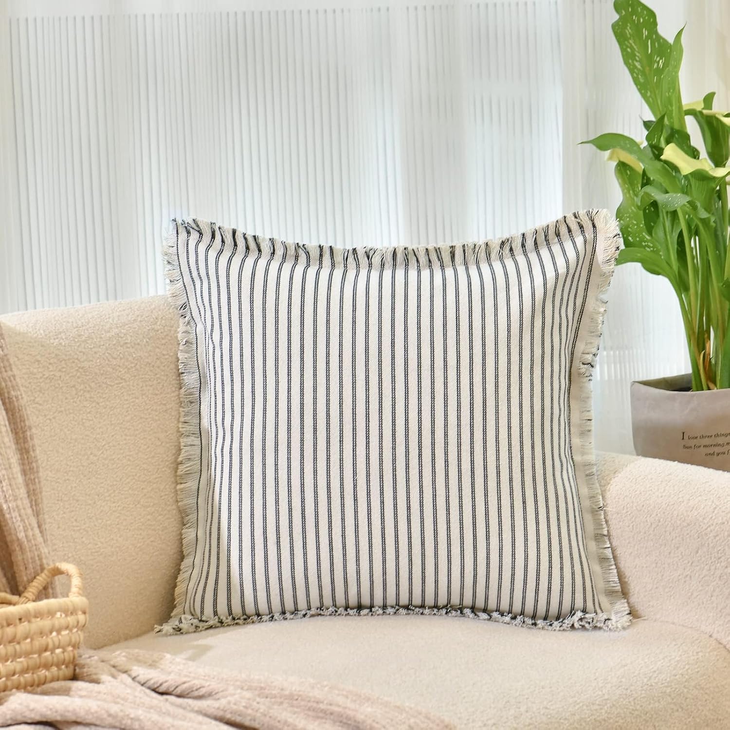 ZWJD Throw Pillow Covers 18x18 Set of 2 Striped Pillow Covers with Fringe Chic Cotton Decorative Pillows Square Cushion Covers for Sofa Couch Bed Living Room Farmhouse Decor, (Black)