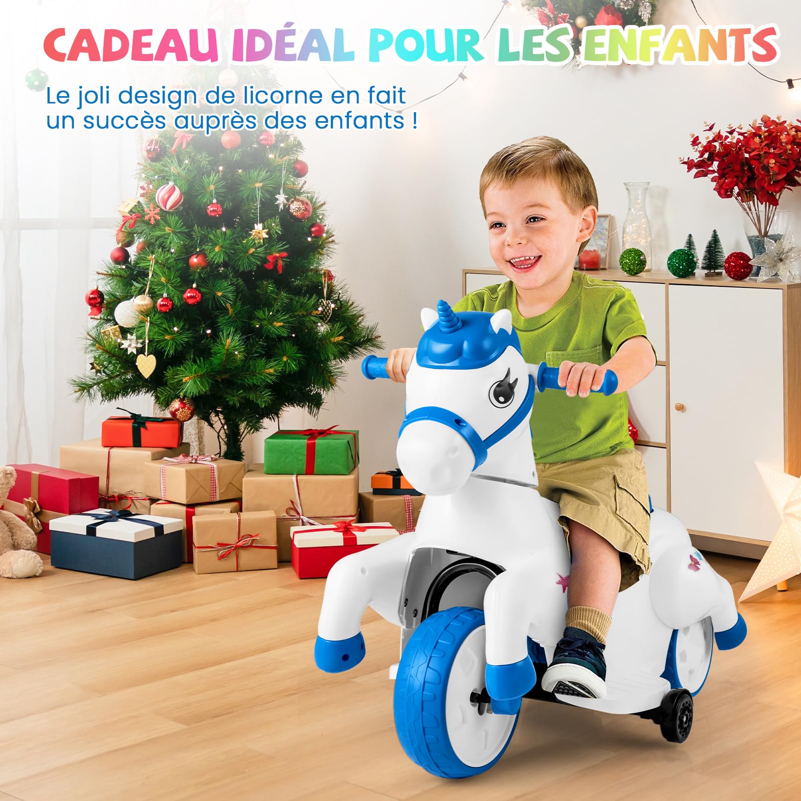 GOPLUS Voiture Porteur à Bascule Licorne 12V Enfants avec 3 Roues et Roues d'Appui, Voiture avec Musique pour Enfants 3 Ans+, Blanc Bleu