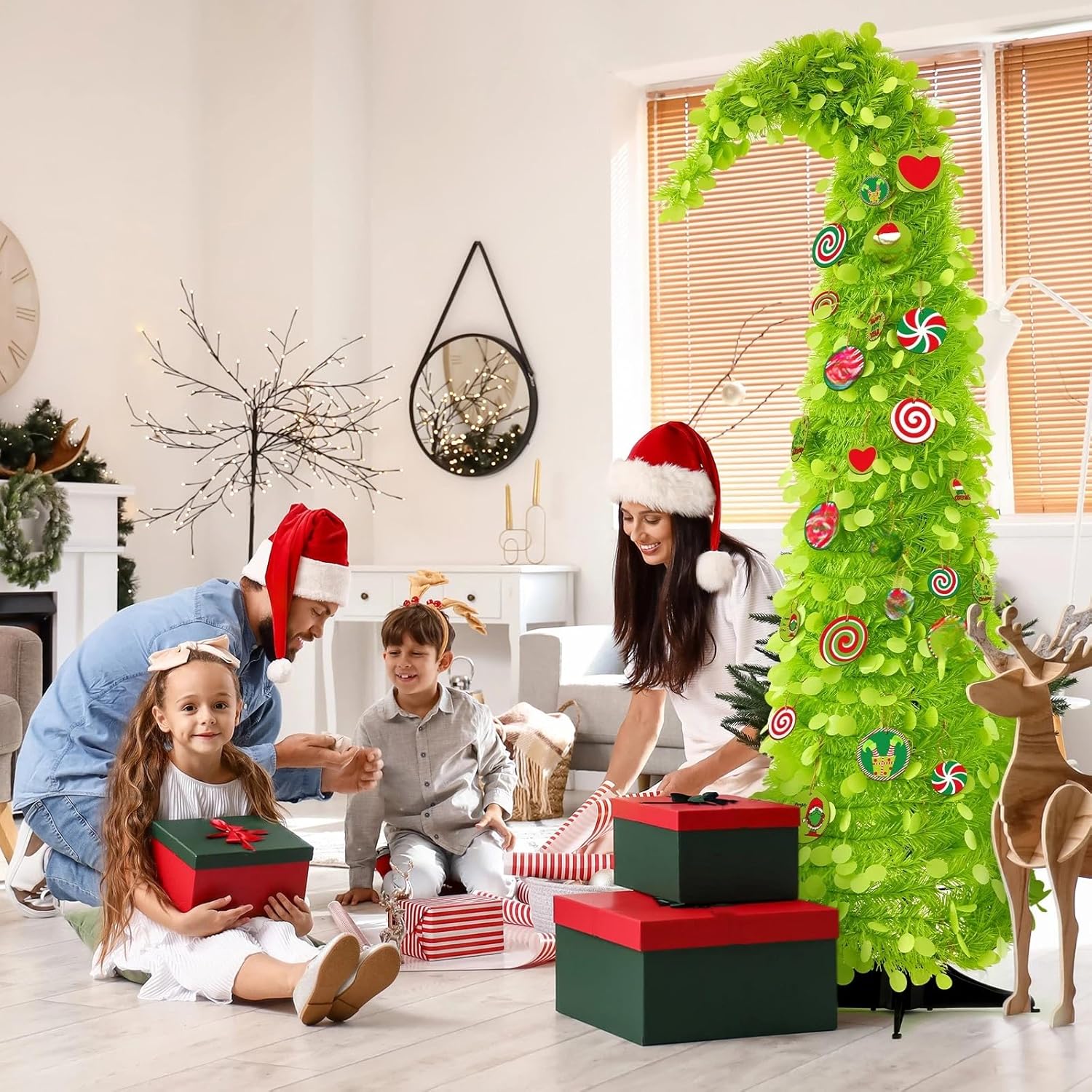 Syhood Whimsical Christmas Tree 5ft Bendable Pop up Collapsible 1 Minute Christmas Tree with 36 Wooden Ornaments for Indoor Outdoor Home Office Holiday Xmas Party Decor Supply