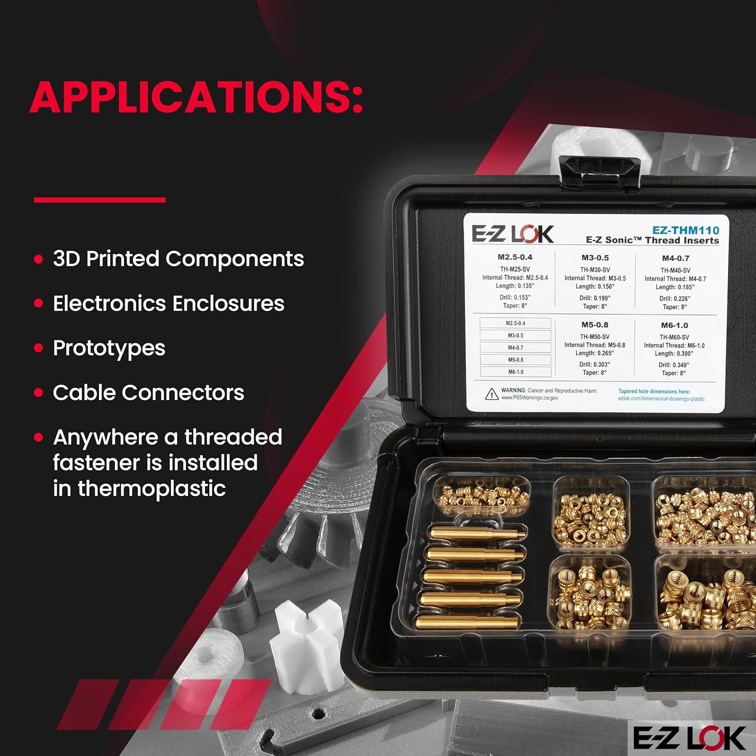 E-Z LOK E-Z Sonic Brass Threaded Inserts for Plastic Assortment Kit, Heat Set Thread Insert, Metric, Tapered, Single Vane, M2.5 to M6 (EZ-THM110)