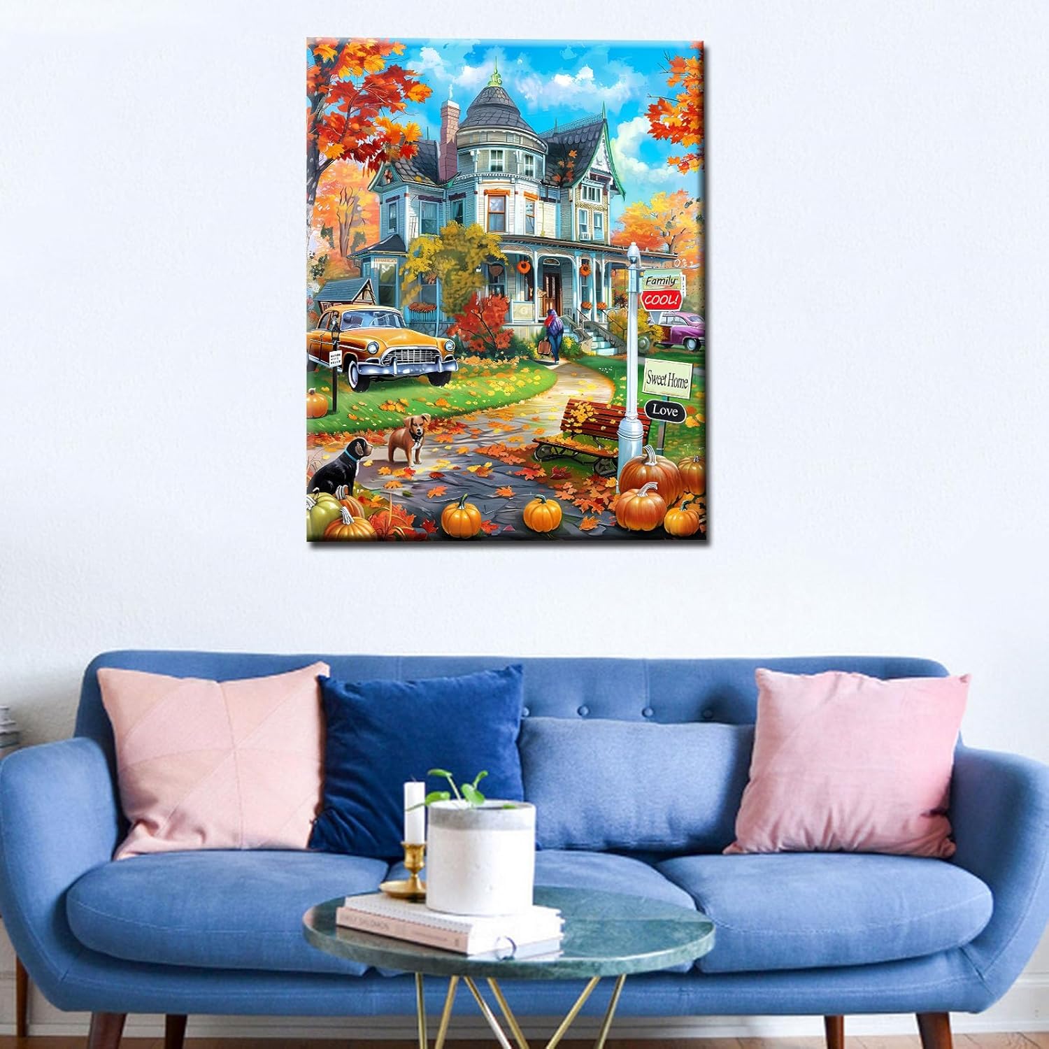 American Castle Paint by Numbers Kits 16x20 inch Canvas Yellow Car and Animal Dog DIY Oil Painting for Adults Beginner, 16''x20' inch Autumn Pumpkin Paintwork with Brushes Room Decor Gift(DIY Frame)