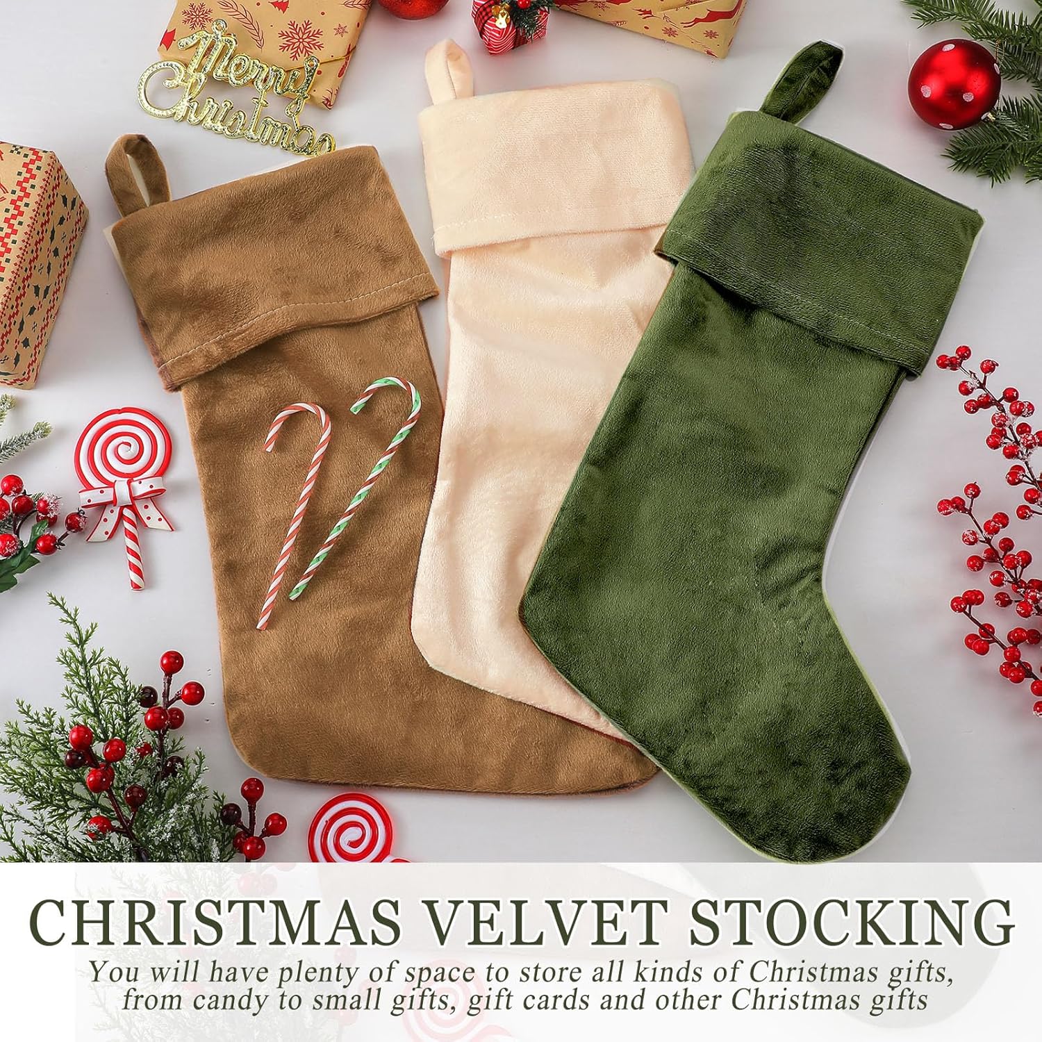 6 Pack Velvet Christmas Stockings Rustic Large Xmas Stockings with Hanging Loops Brown Green Neutral Christmas Decor for Fireplace Mantle Farmhouse Home, 17 Inches - Image 7