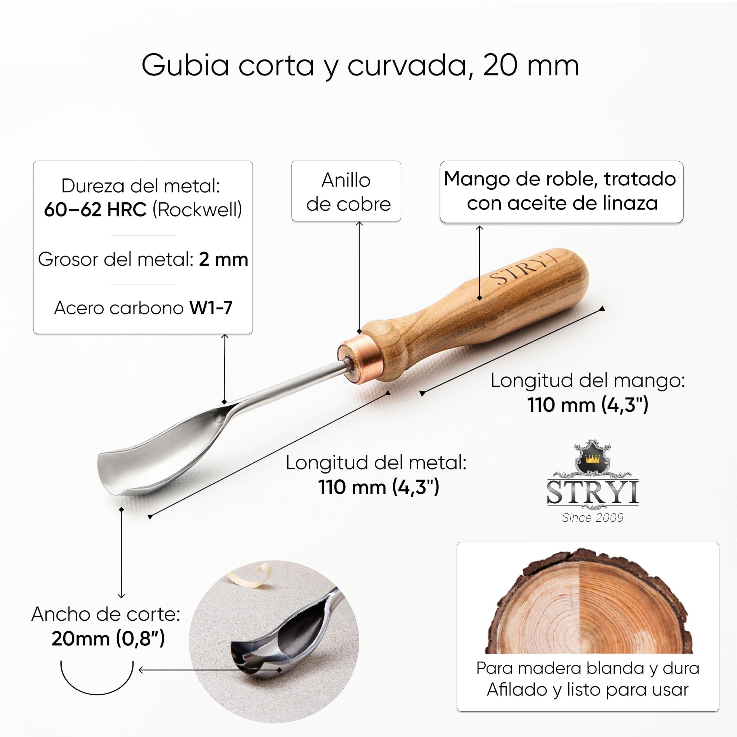 STRYI Cuchara de acero al carbono W1-7 de 20 mm curvada corta para tallar madera, herramienta para tallar cuencos, gubia hueca para cucharas y cuencos, afilada a mano, acero al carbono W1-7