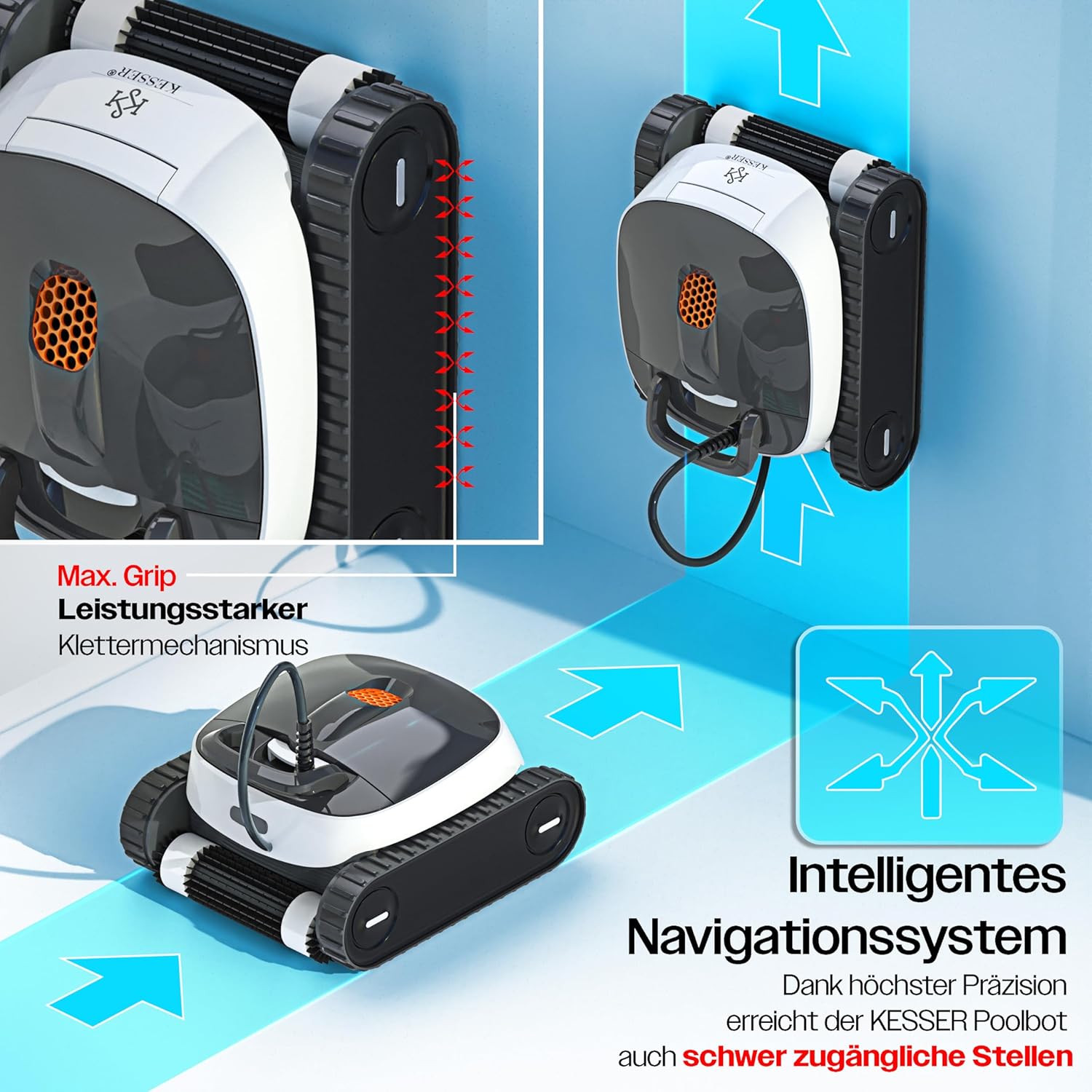 KESSER Splash Bot 365 showing Max. Grip climbing mechanism and intelligent navigation