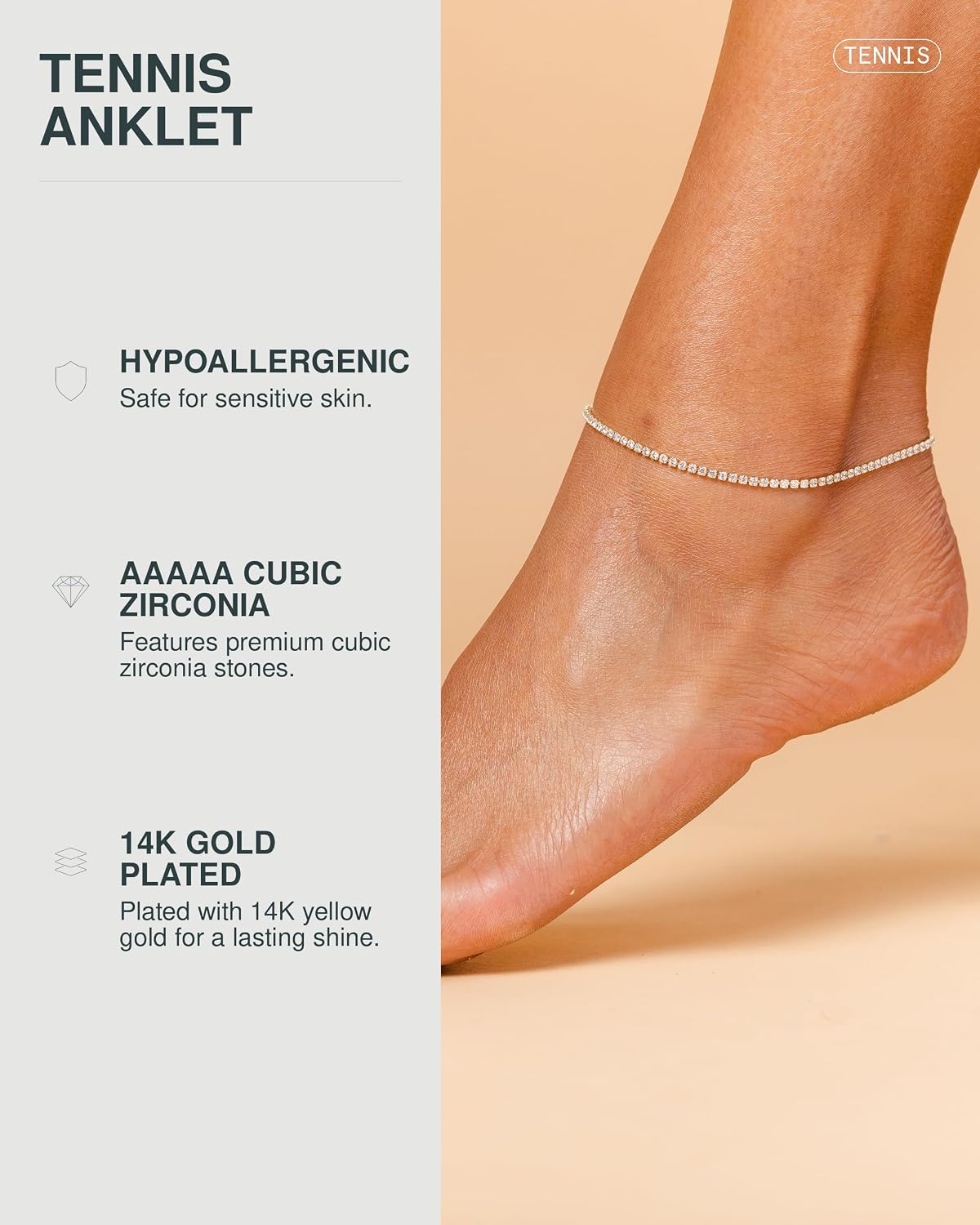 PAVOI 14K Gold Plated Tennis Anklet for Women, CZ Ankle Bracelet