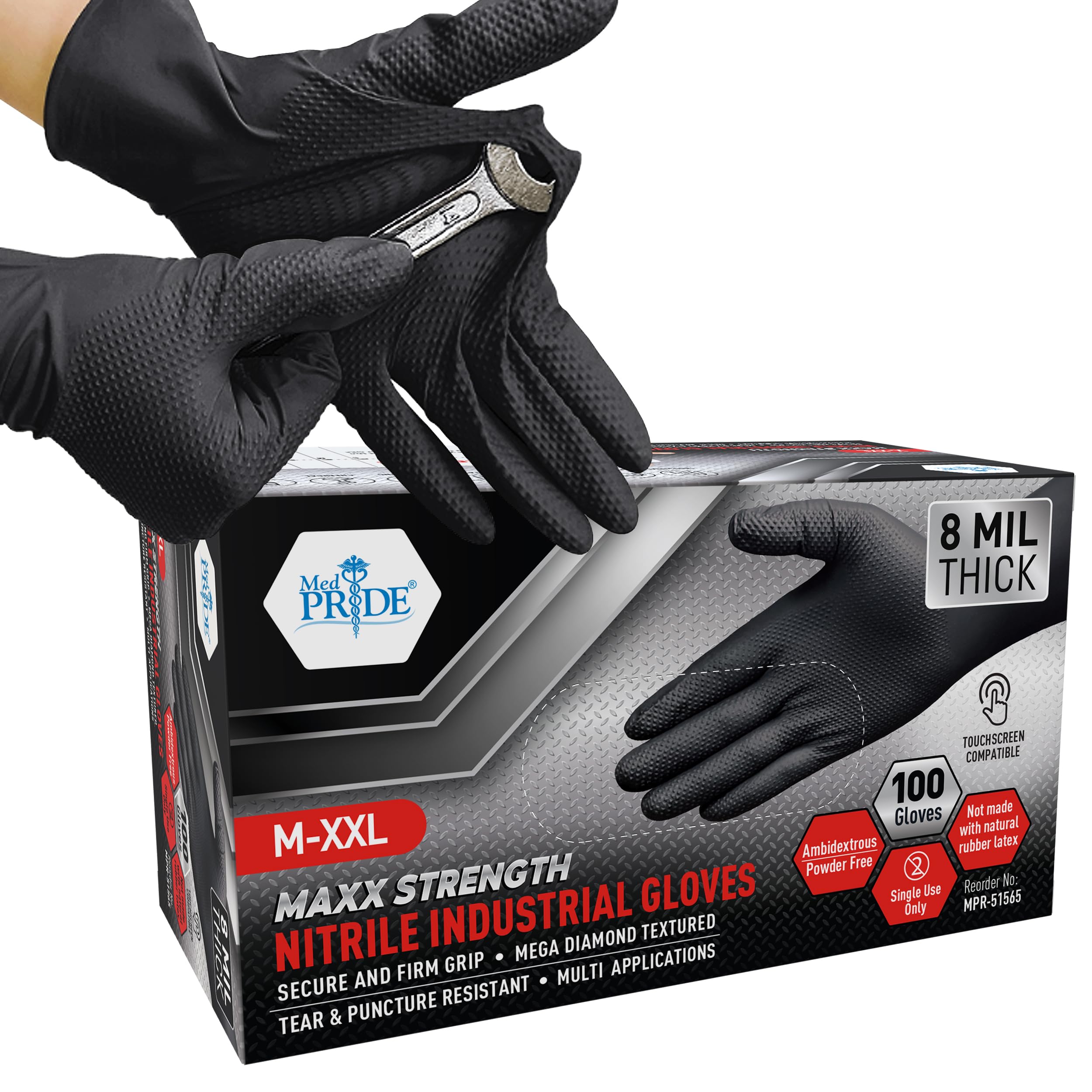 MED PRIDE Maxx Strength Nitrile Industrial Black, 8 Mil Thick - Diamond Texture Disposable Heavy-Duty, Tear-Resistant