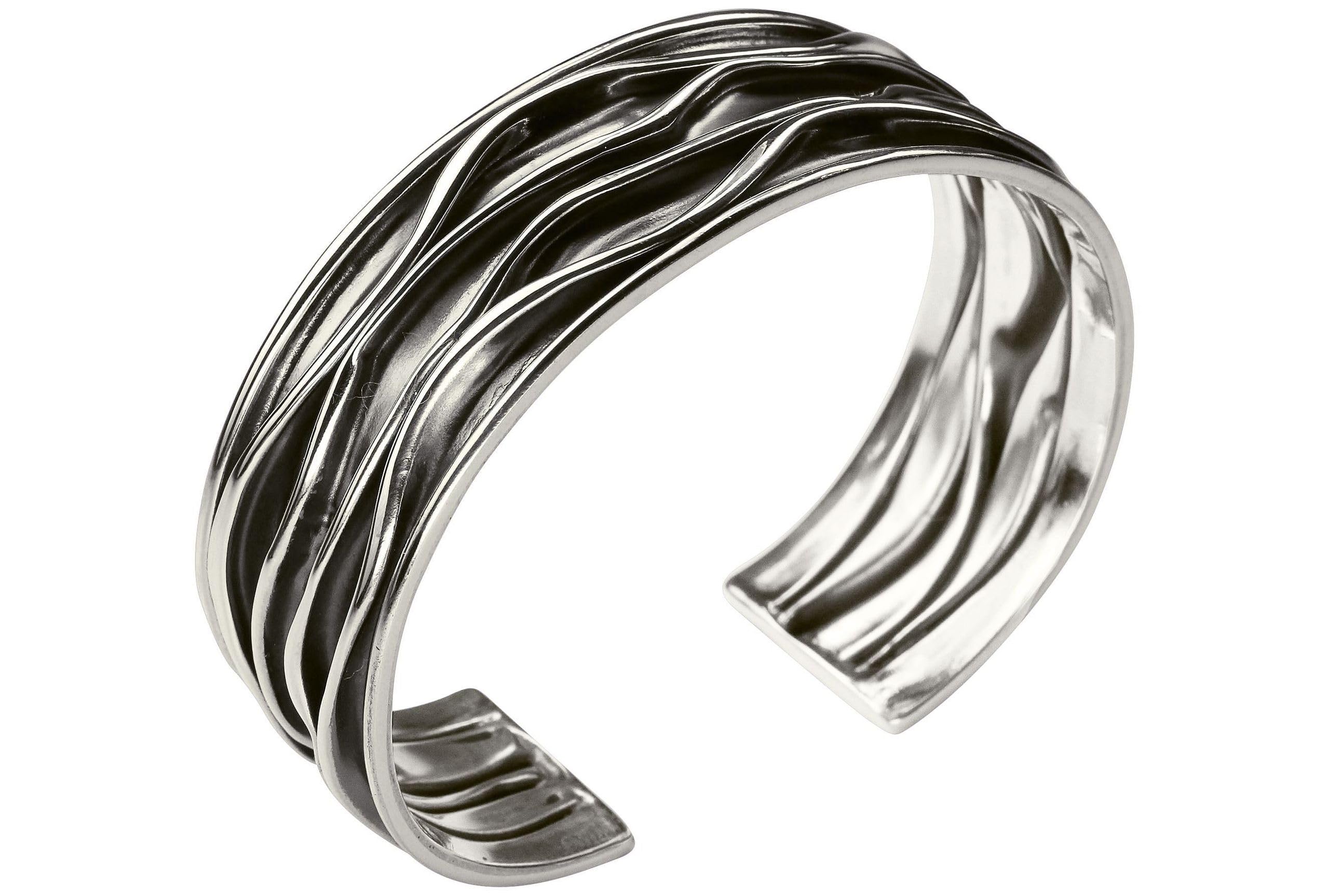 SILBERMOOS Damen Armreif Armspange offen geschwärzt mit Längsstruktur gefaltet massiv 925 Sterling Silber